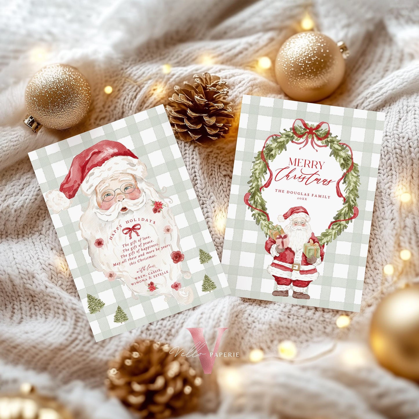 Editable Printable Grandmillenial Christmas Greetings Card | Watercolor Merry Christmas Card Template | Santa and Wreath Holiday Card BCPF1