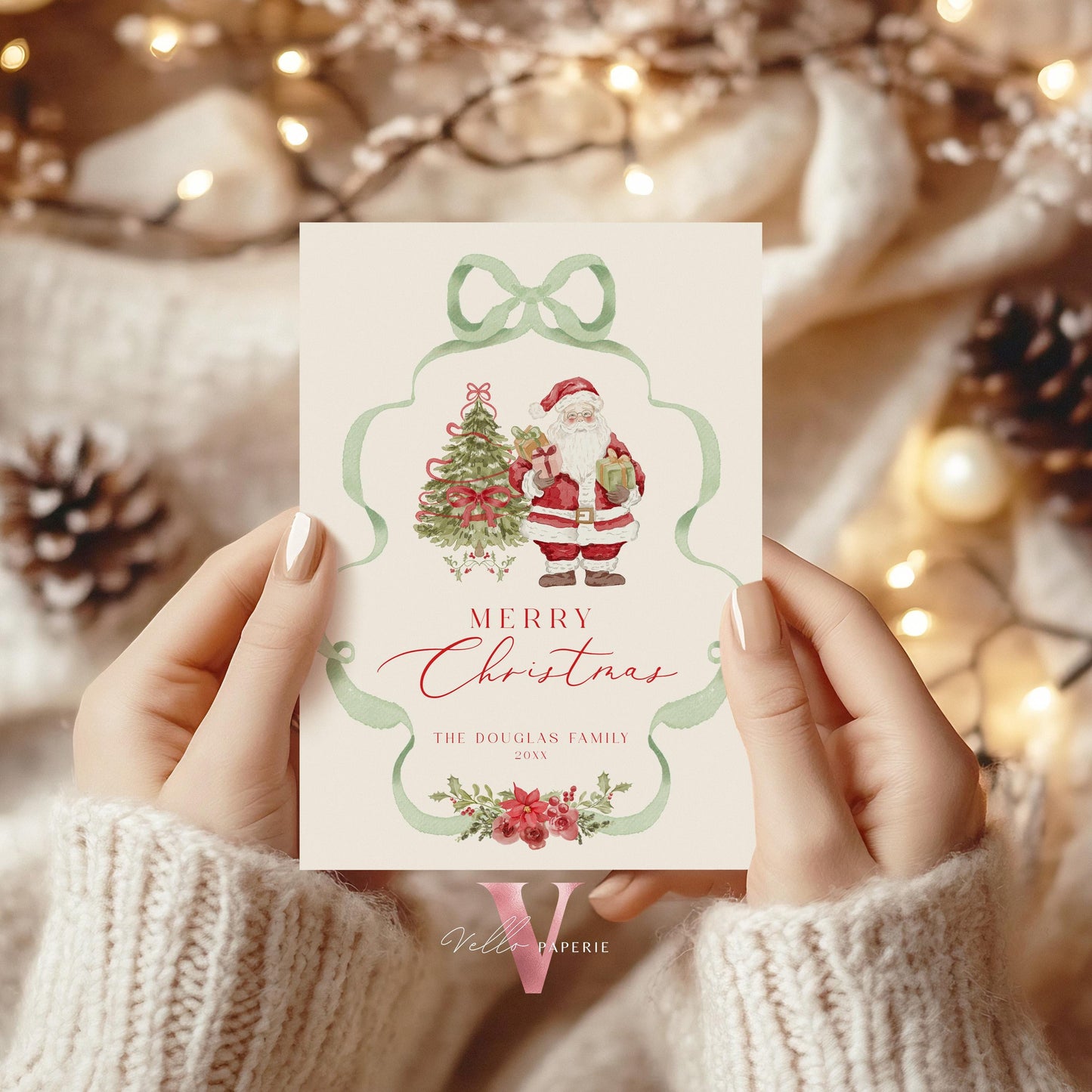 Editable Printable Grandmillenial Christmas Greetings Card | Watercolor Merry Christmas Card Template | Green Bow, Santa Holiday Card BCPF1