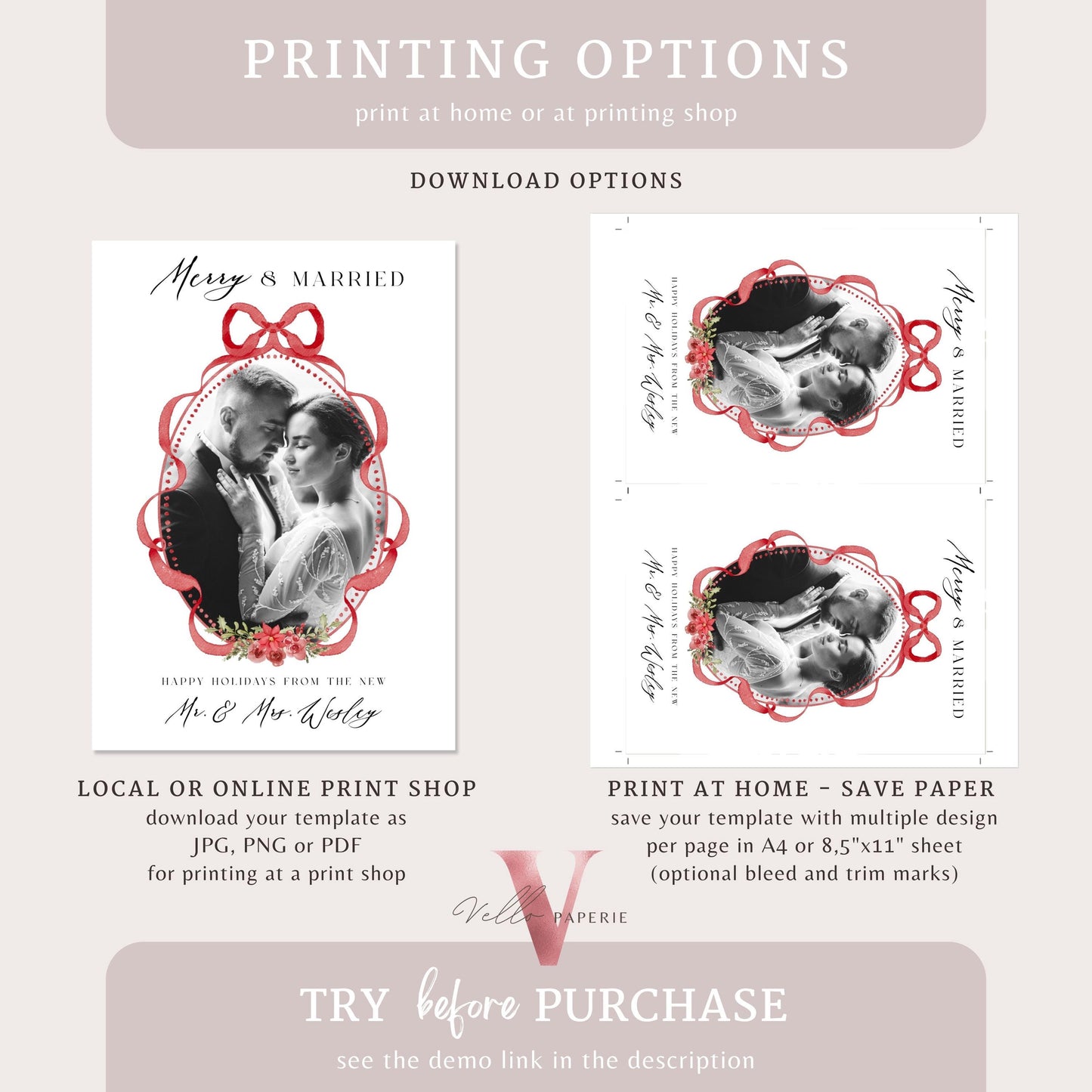 Merry and Married Christmas Photo Card | Newlywed Holiday Card | Red Bow Minimalist Christmas Photo Card | Merry and Bright Couple MMC12