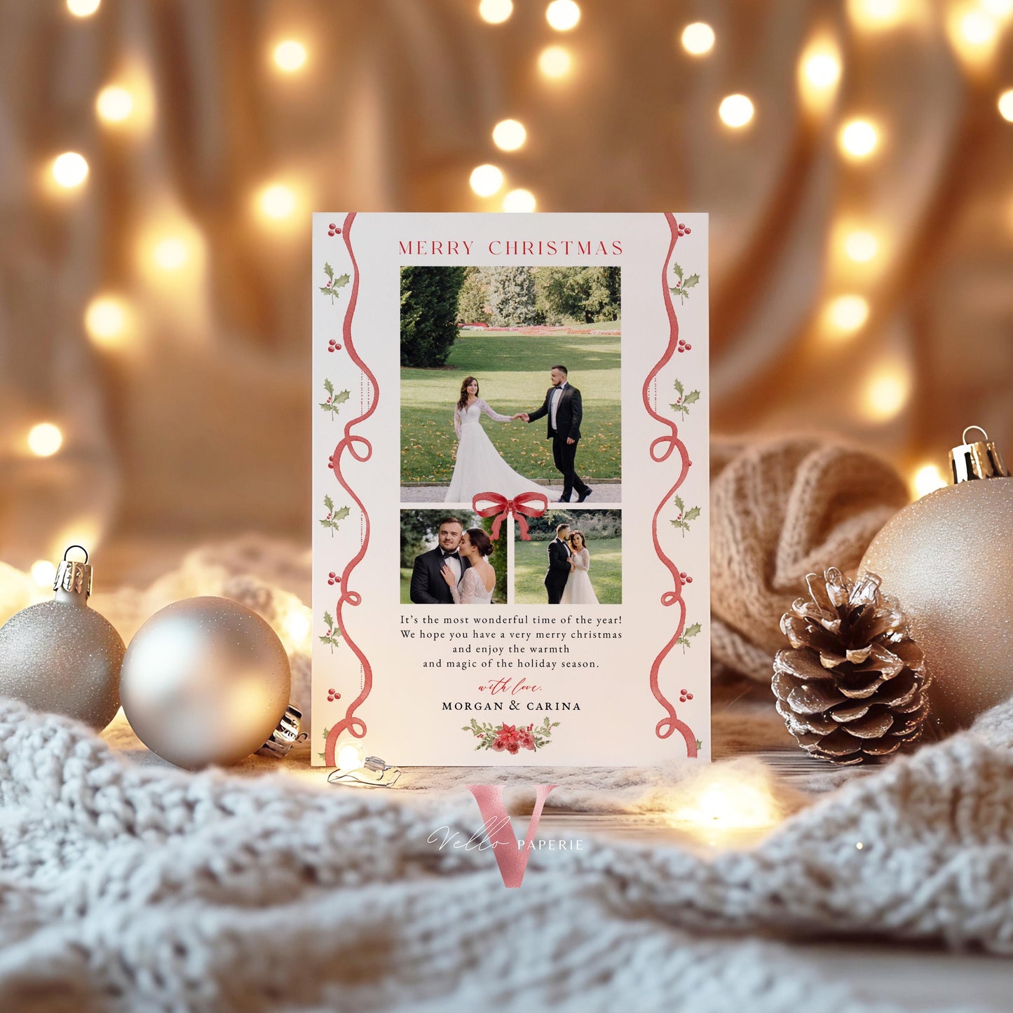 Merry and Married Christmas Photo Card | Newlywed Holiday Card | Red Bow Minimalist Christmas Photo Card | Merry and Bright Couple MMC12