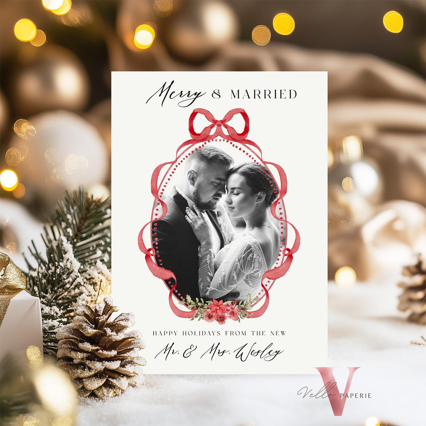 Merry and Married Christmas Photo Card | Newlywed Holiday Card | Red Bow Minimalist Christmas Photo Card | Merry and Bright Couple MMC12