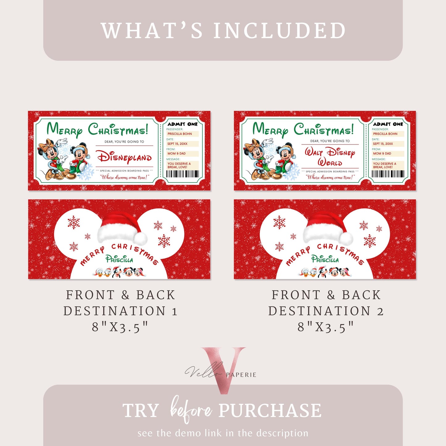 Christmas Disneyland / Disneyworld Ticket | Editable Printable Theme Park Surprise Reveal Ticket | Disney Trip Ticket, Christmas Gift DST12