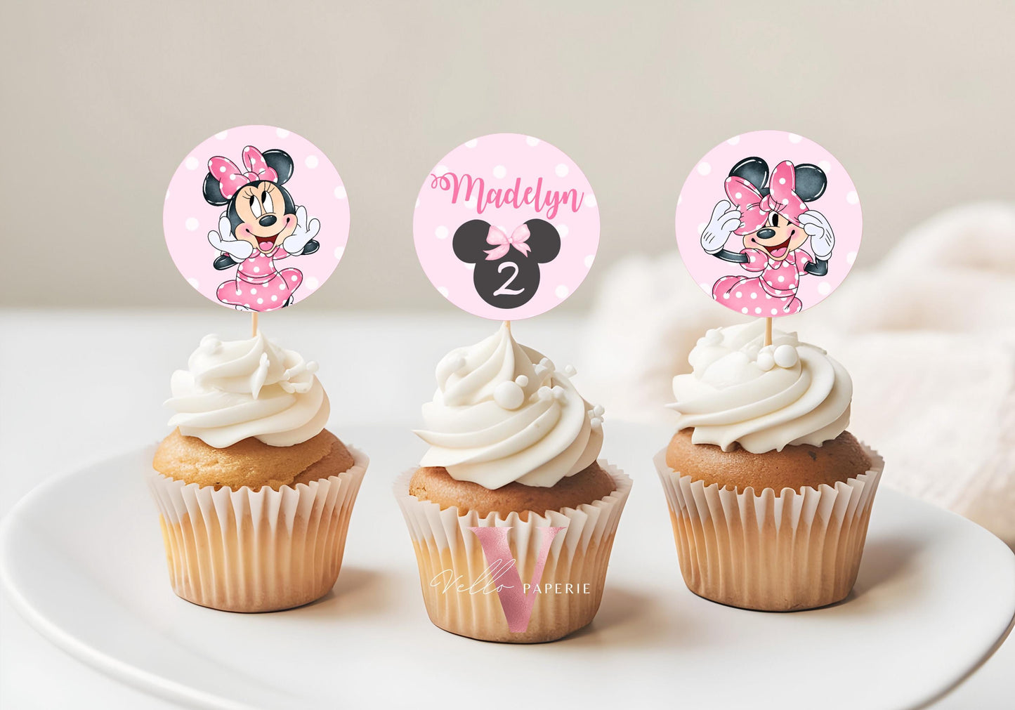 Editable Any Age Minnie Mouse Birthday Cupcake Topper | Light Pink Polkadot Minnie Cake Decor | Kid Minnie Pink Birthday Party Favor MMB01