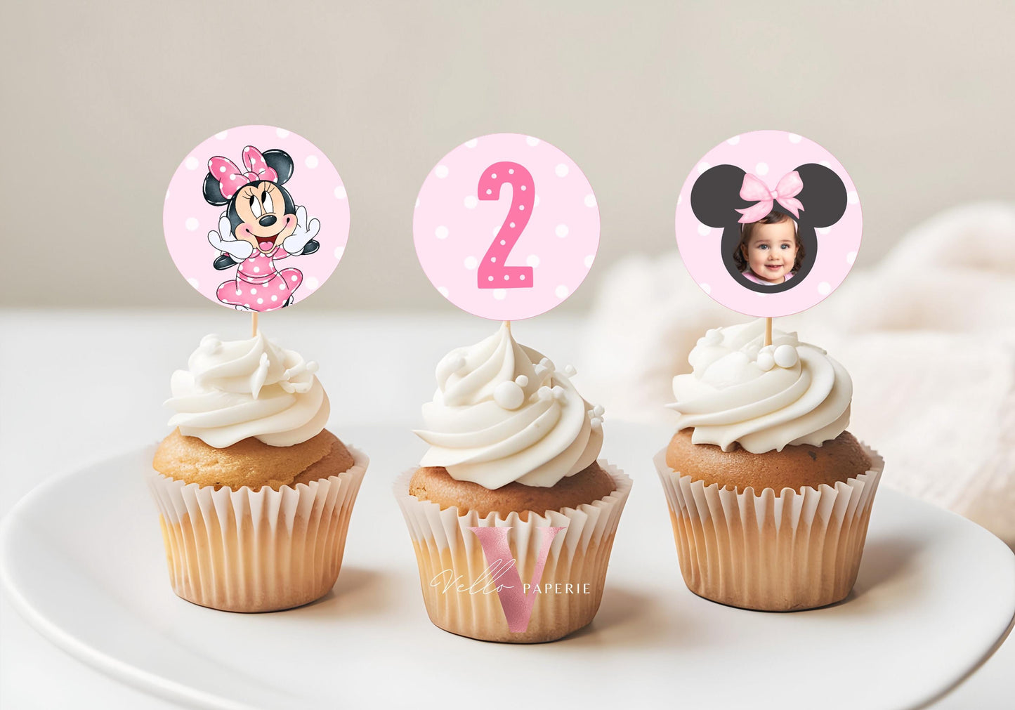 Editable Any Age Minnie Mouse Birthday Cupcake Topper | Light Pink Polkadot Minnie Cake Decor | Kid Minnie Pink Birthday Party Favor MMB01