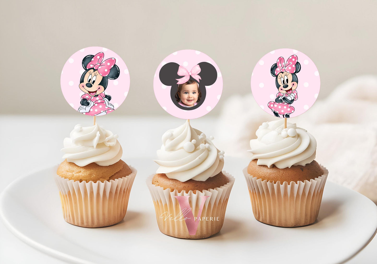 Editable Any Age Minnie Mouse Birthday Cupcake Topper | Light Pink Polkadot Minnie Cake Decor | Kid Minnie Pink Birthday Party Favor MMB01