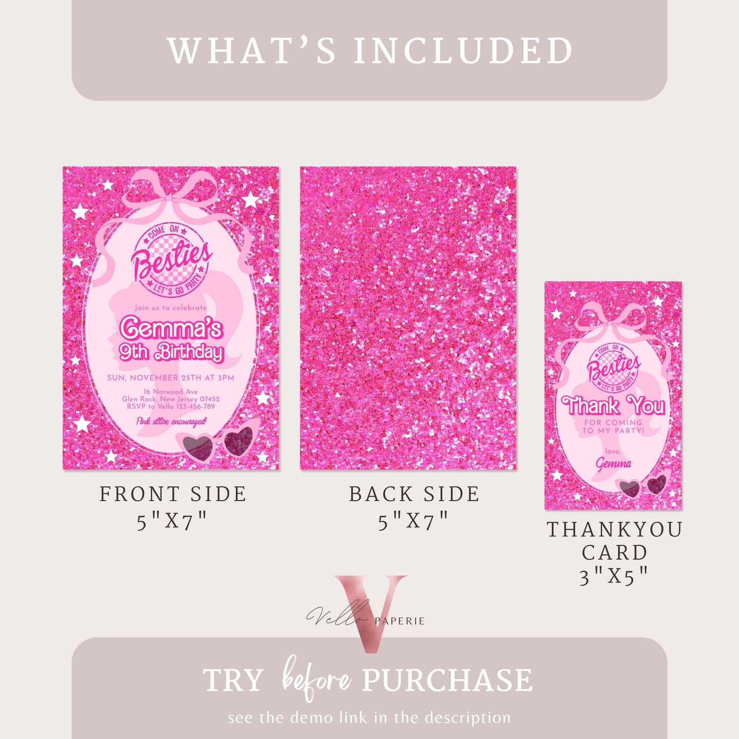 Editable Fashion Pink Doll Sparkle Birthday Invitation | Pink Doll Glitter | Any Age Pink Princess Silhoutte Party Invite Instant Template
