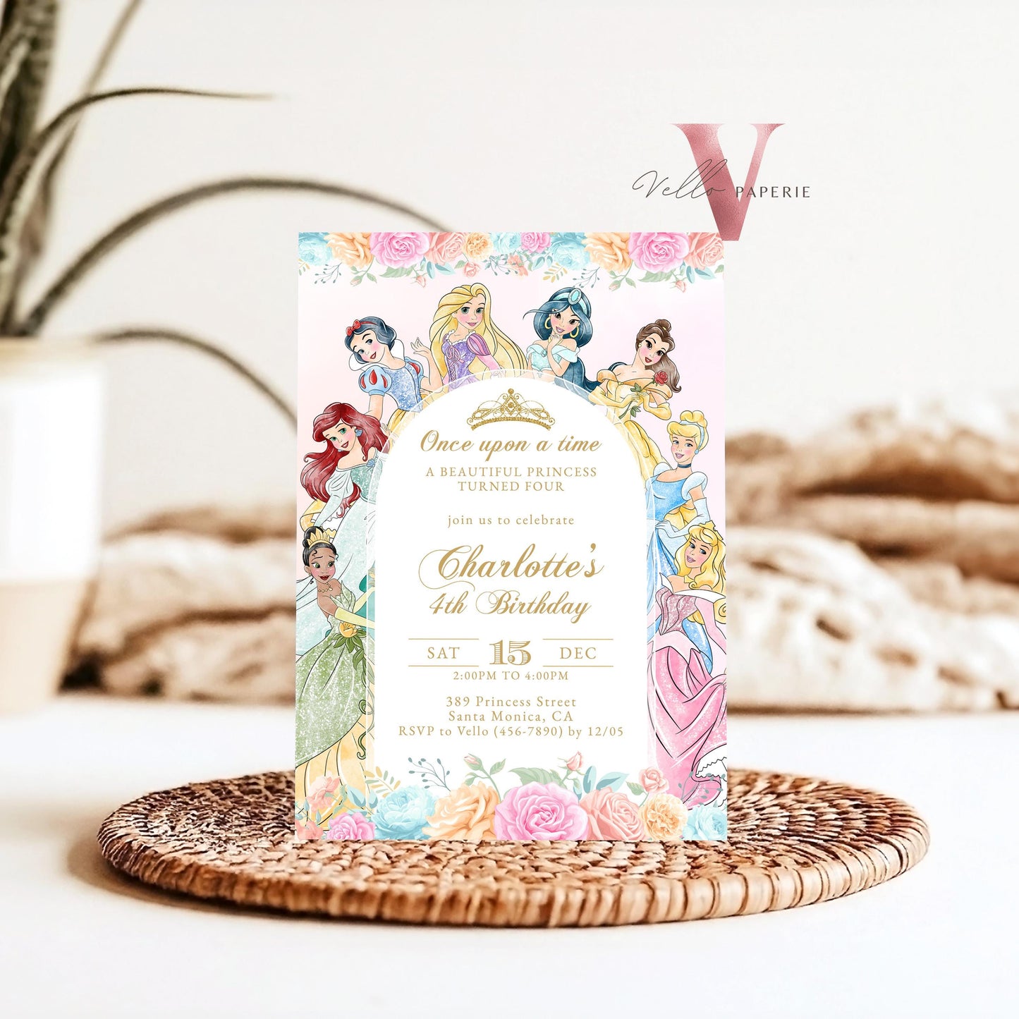 Editable Printable Once Upon a Time Birthday Party Invitation | ANY AGE Watercolor Princess Invite | Rose Gold Pink Princess Party PB02