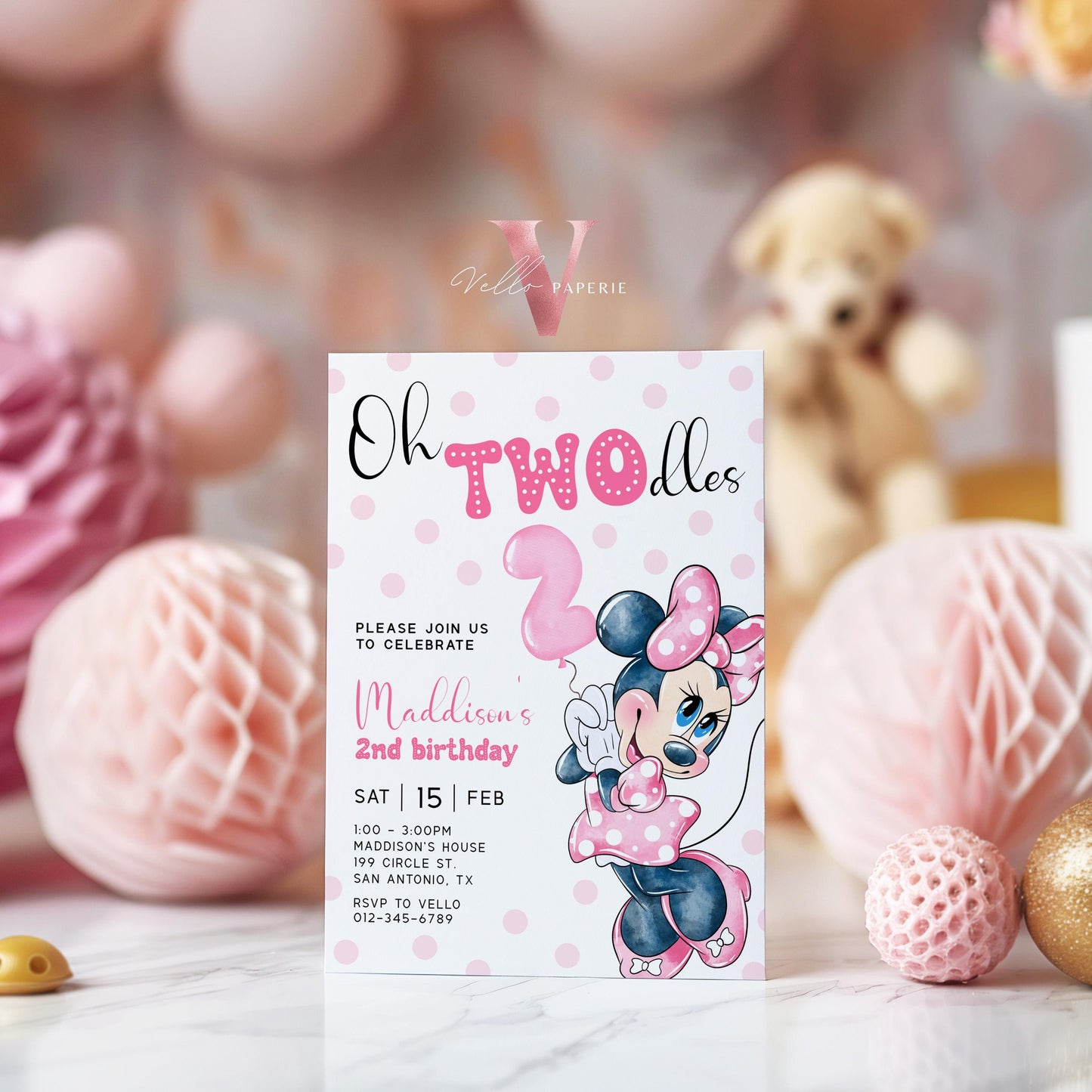2nd Birthday, Oh TWOdles Minnie Mouse Birthday Invitation | Light Pink Polka Dot Invite 2year old Girl | Second Birthday MMB04