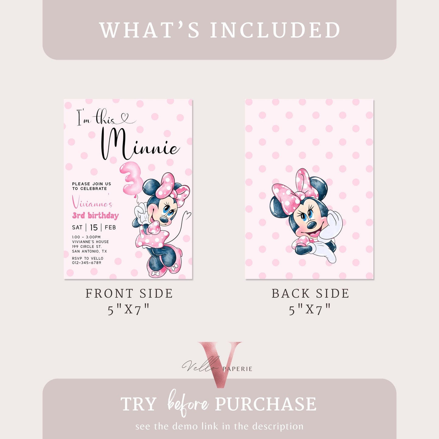 Third Birthday Minnie Mouse Invitation | Modern Light Pink Polkadot 3rd Minnie Birthday Invite | 3rd Girl Birthday Party Instant Template