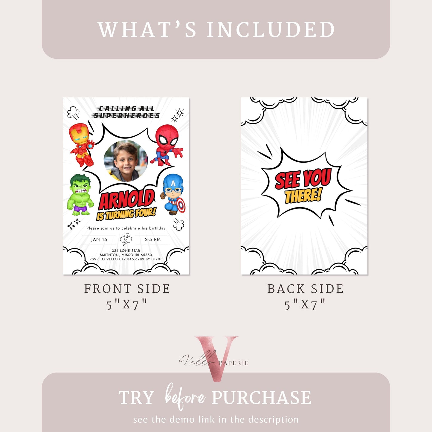 Calling All Superheroes PHOTO Birthday Invitation | Watercolor Avengers Kids Birthday Party Invite | Any Age Cute Chibi Superhero SHB01