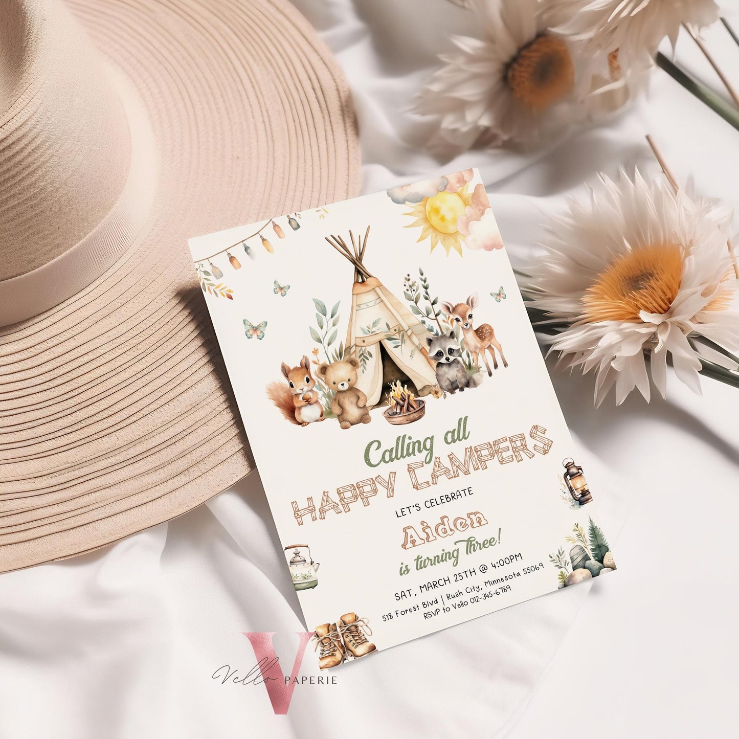 Calling All Happy Campers Invitation | BOHO Camping Birthday Invite | Adventure Forest Camp Birthday InvitR | Camper Backyard Bonfire Party