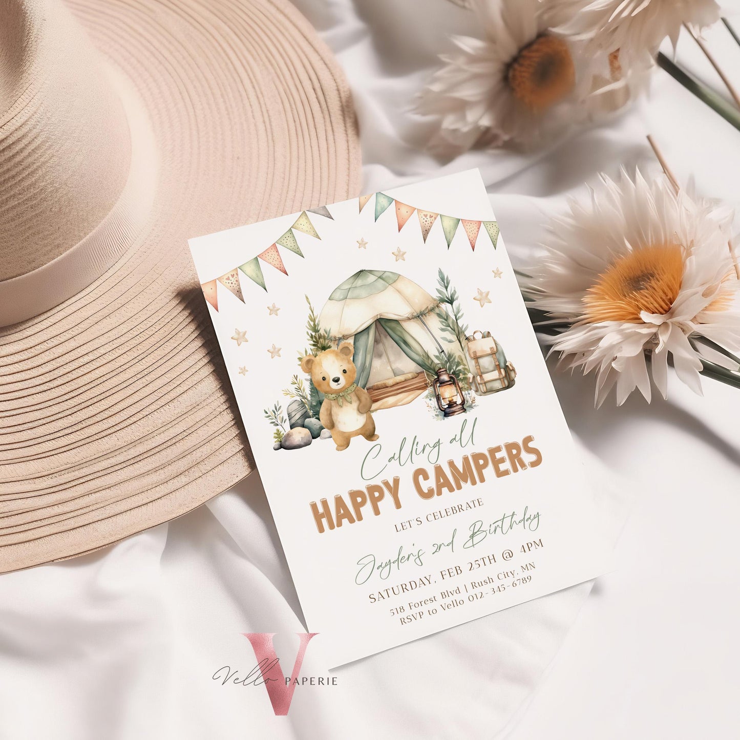 Calling All Happy Campers Invitation | Camping Birthday Invite | Adventure Forest Camp Birthday Invitation | Camper Backyard Bonfire Party