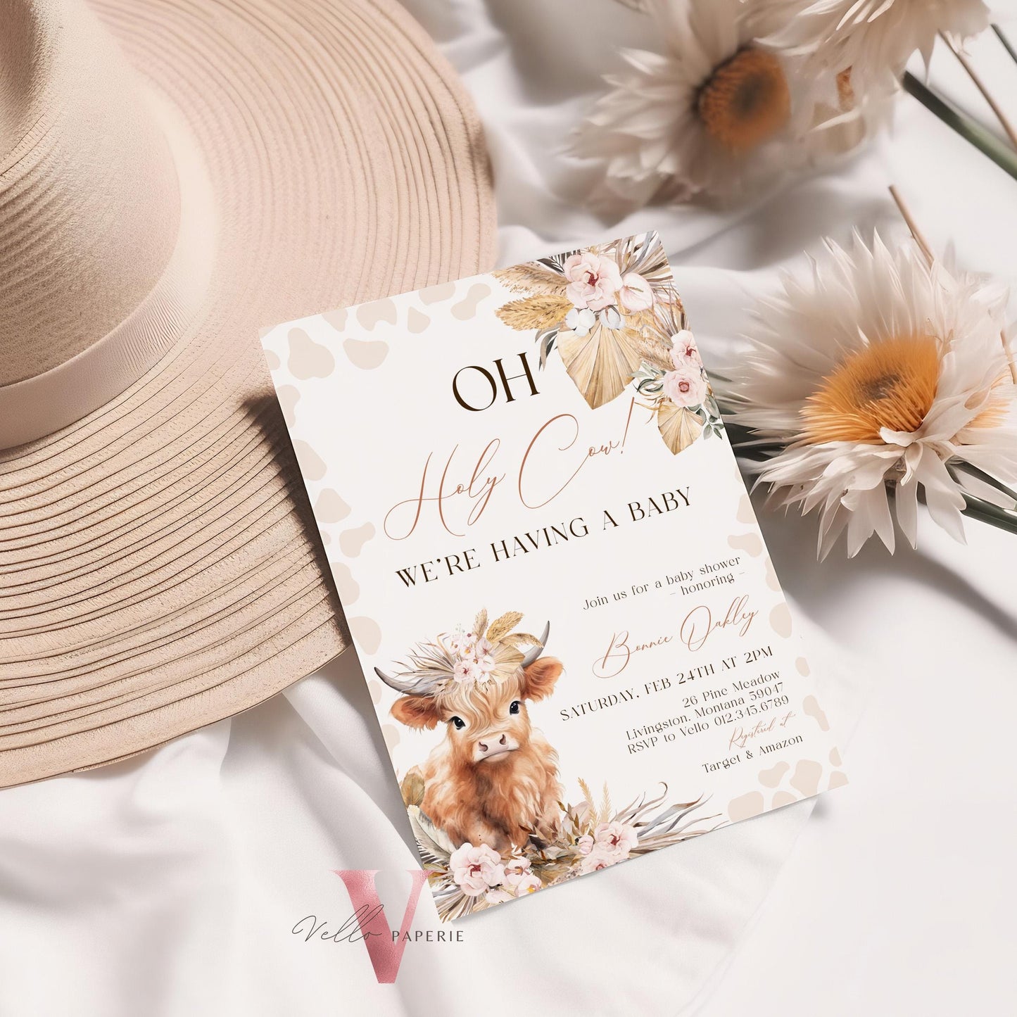 Holy Cow Baby Shower Invitation Bundle | Gender Neutral Highland Cow Baby Shower Invite | Boho Highland Cow Baby, Beige Brown Pampas Grass