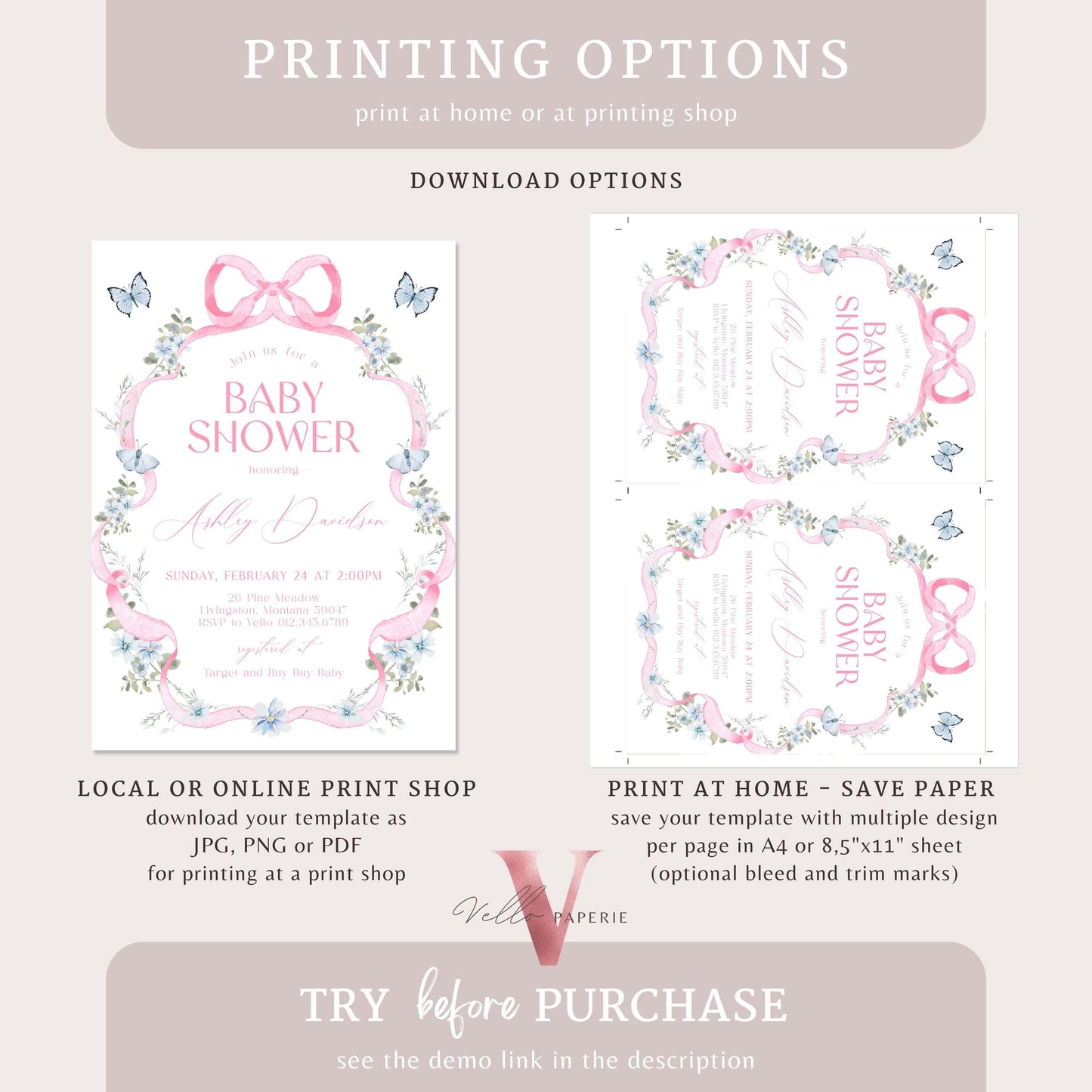 Editable Pink Bow Wildflower Baby Shower Invitation | Modern Elegant Pink Coquette Baby Shower Invite | Pink Blue Girl Baby Floral Party