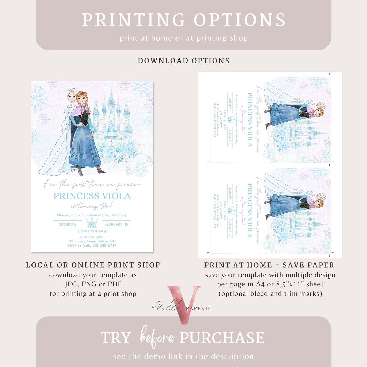 Editable ANY AGE Birthday Frozen Theme Birthday Party Invitation | Watercolor Elsa Anna Princess Birthday Invite | Winter Snow Princess