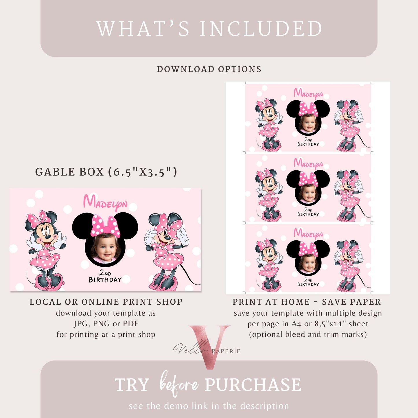 Editable Printable Any Age Minnie Mouse Photo Birthday Party Favors | Glitter Pink Minnie Party Chip Bag, Water Bottle Label, Caprisun MMB06