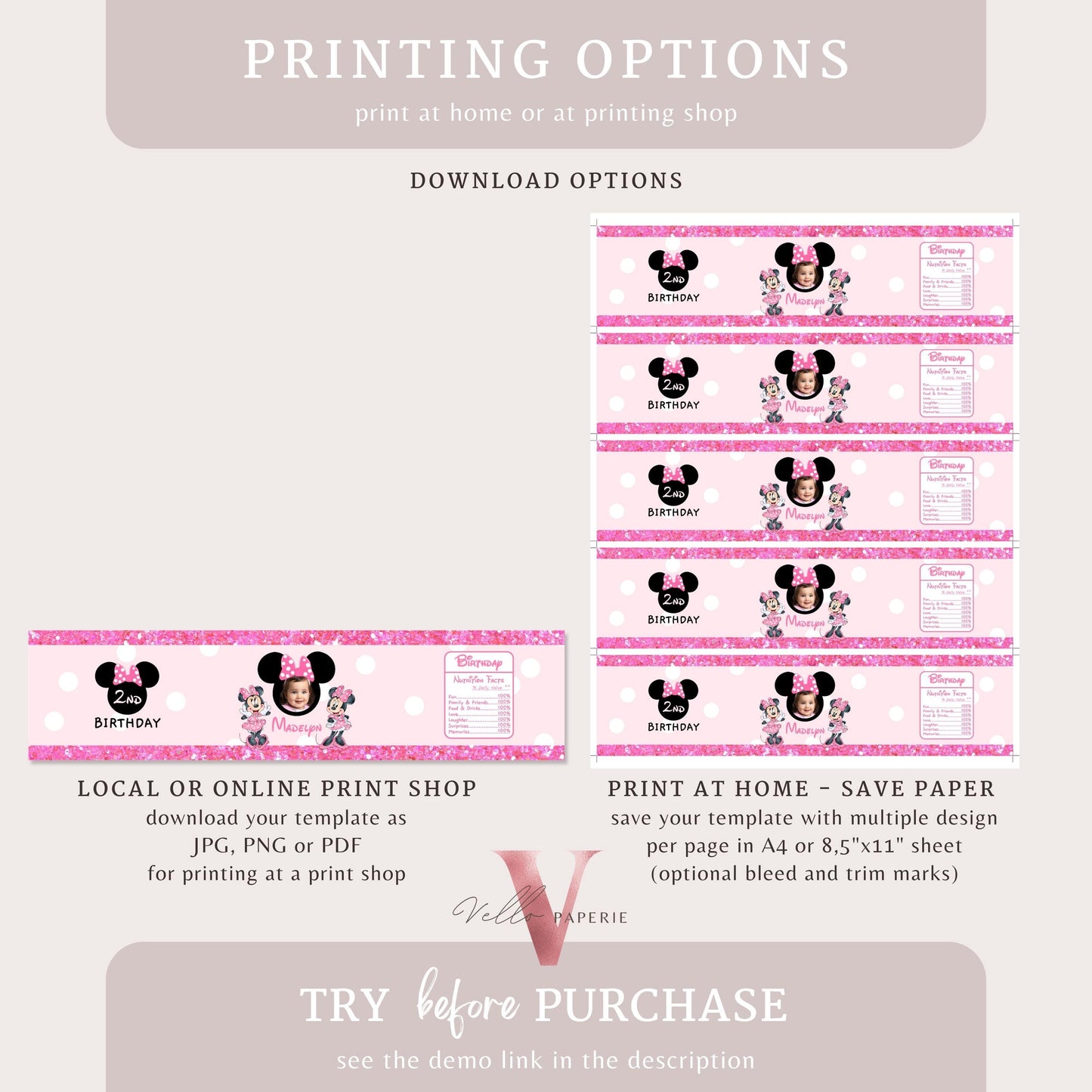 Use Your Photo Any Age Minnie Mouse Photo Birthday Party Favors | Glitter Pink Minnie Party Chips Bag, Water Bottle Label, Caprisun MMB06
