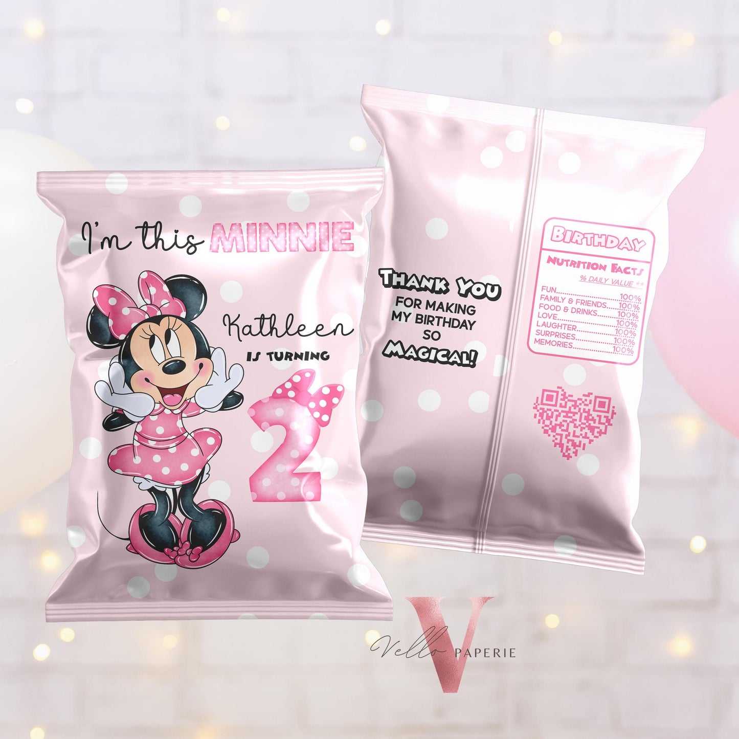 Editable Printable Any Age Minnie Mouse Birthday Party Favors | Glitter Pink Minnie Party Chip Bag, Water Bottle Label, Caprisun MMB05