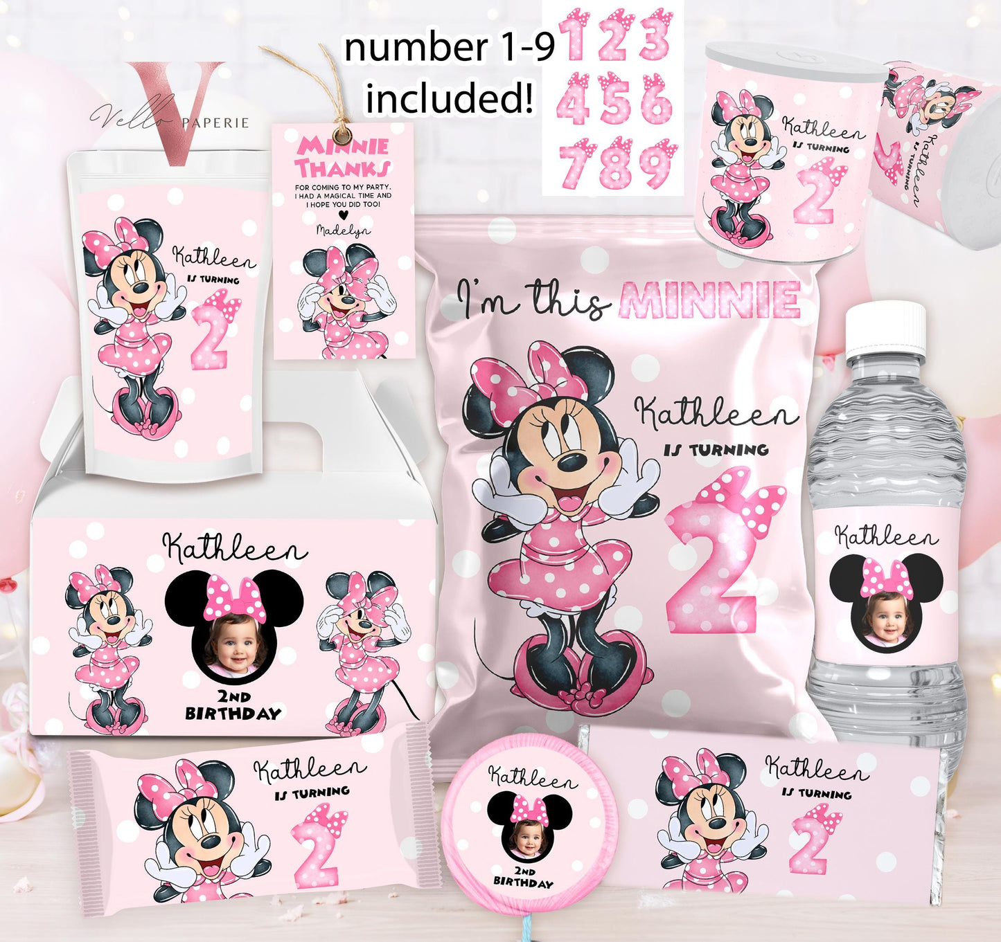 Editable Printable Any Age Minnie Mouse Birthday Party Favors | Glitter Pink Minnie Party Chip Bag, Water Bottle Label, Caprisun MMB05