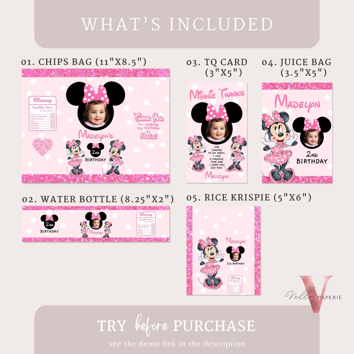 Use Your Photo Any Age Minnie Mouse Photo Birthday Party Favors | Glitter Pink Minnie Party Chips Bag, Water Bottle Label, Caprisun MMB06