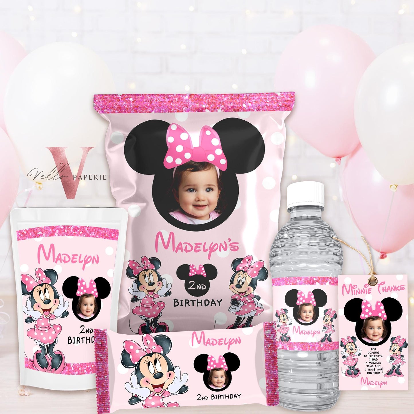 Use Your Photo Any Age Minnie Mouse Photo Birthday Party Favors | Glitter Pink Minnie Party Chips Bag, Water Bottle Label, Caprisun MMB06