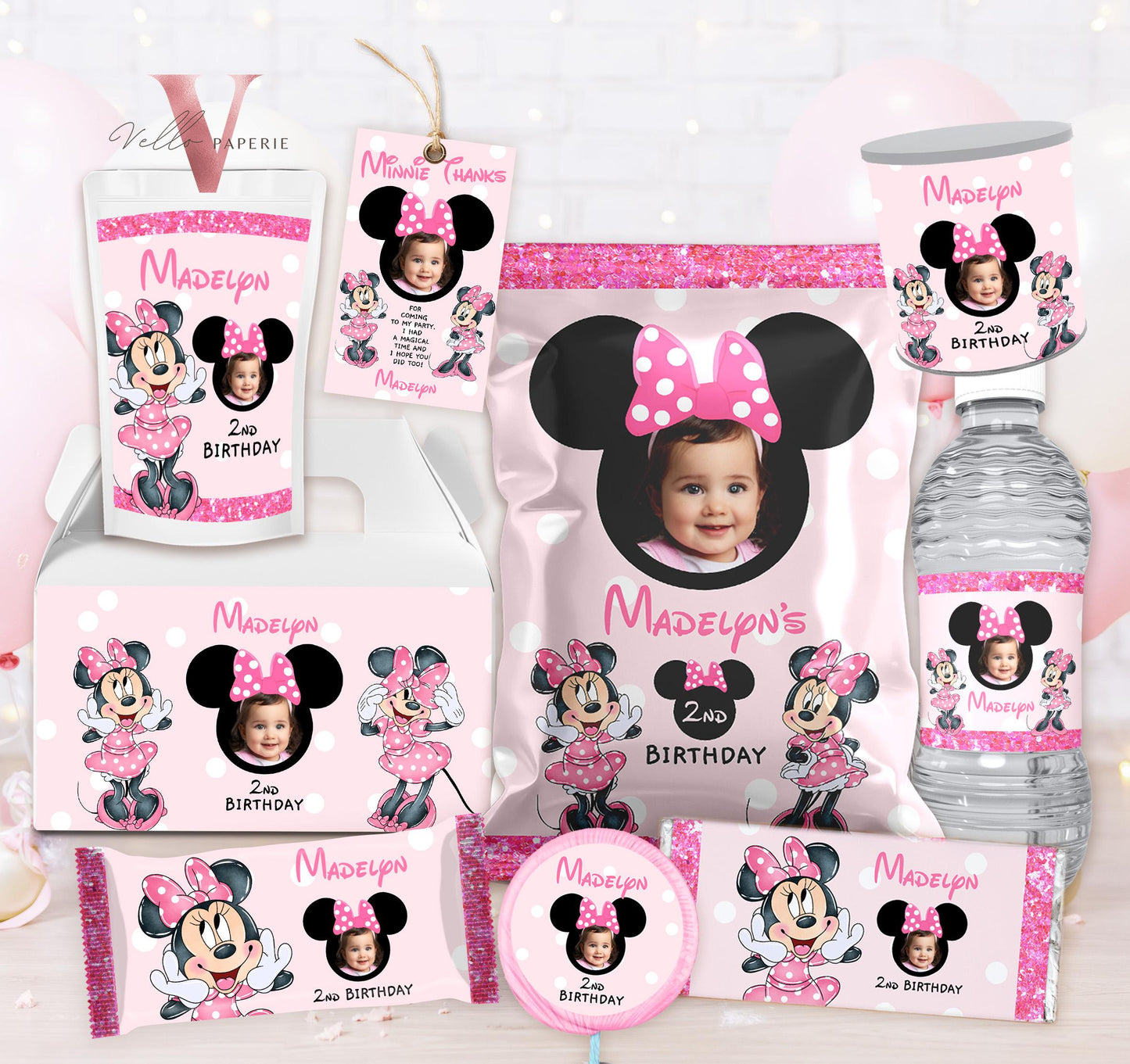 Self Editable Photo Minnie Mouse Birthday Party Favors | Glitter Pink Polkadot Minnie Party Water Bottle Label, Party Decor MMB06