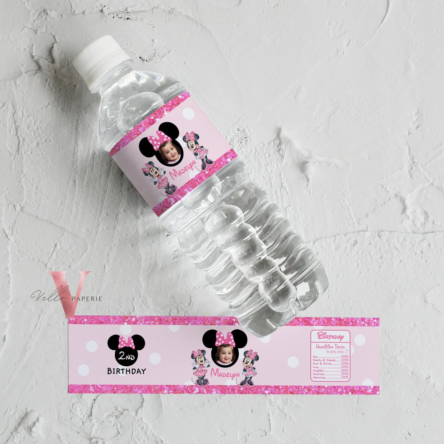 Self Editable Photo Minnie Mouse Birthday Party Favors | Glitter Pink Polkadot Minnie Party Water Bottle Label, Party Decor MMB06