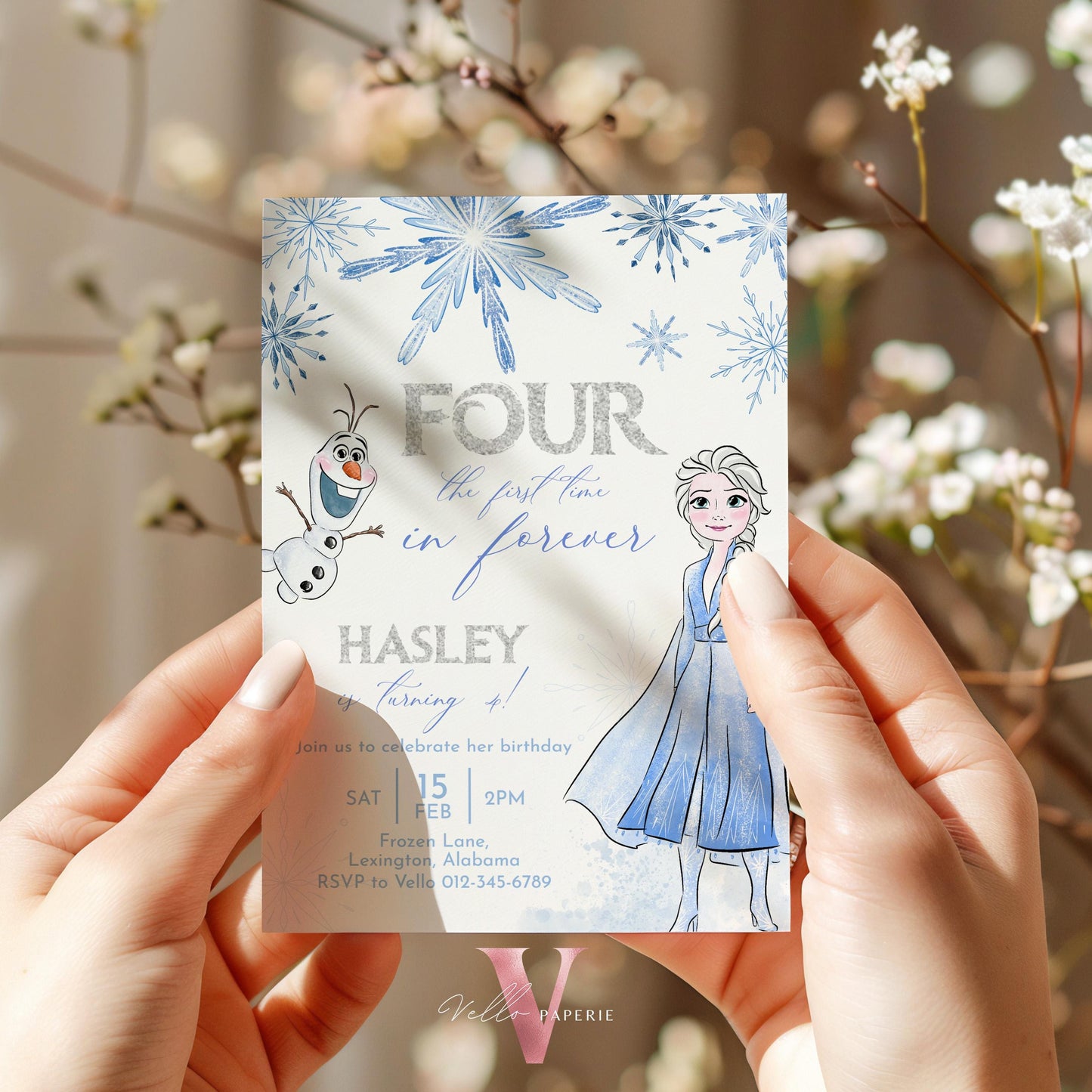 For the First Time in Forever Frozen Birthday Party Invitation | 4th Birthday Watercolor Princess Frozen Invite | Fourth Winter Snow FBP01
