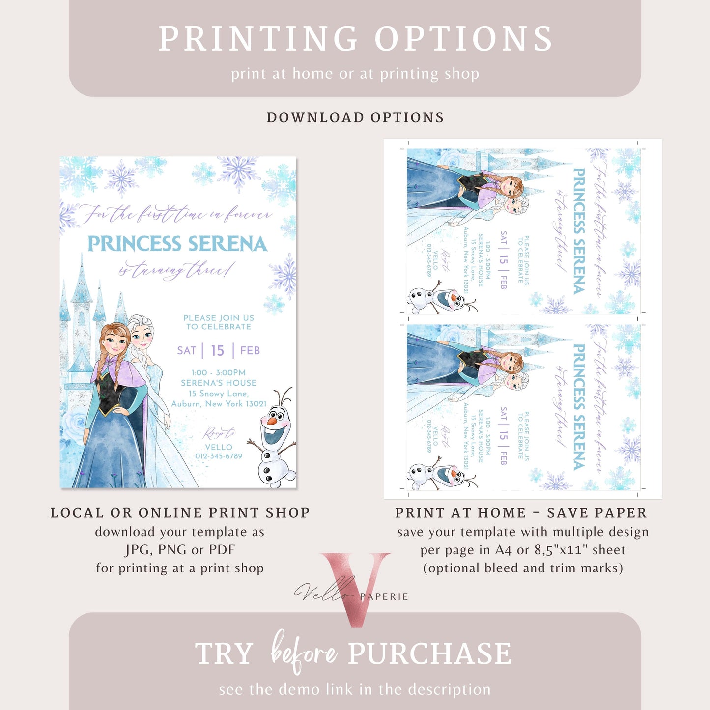 Editable ANY AGE Birthday Frozen Theme Birthday Party Invitation | Watercolor Elsa Anna Princess Birthday Invite | Winter Snow Princess