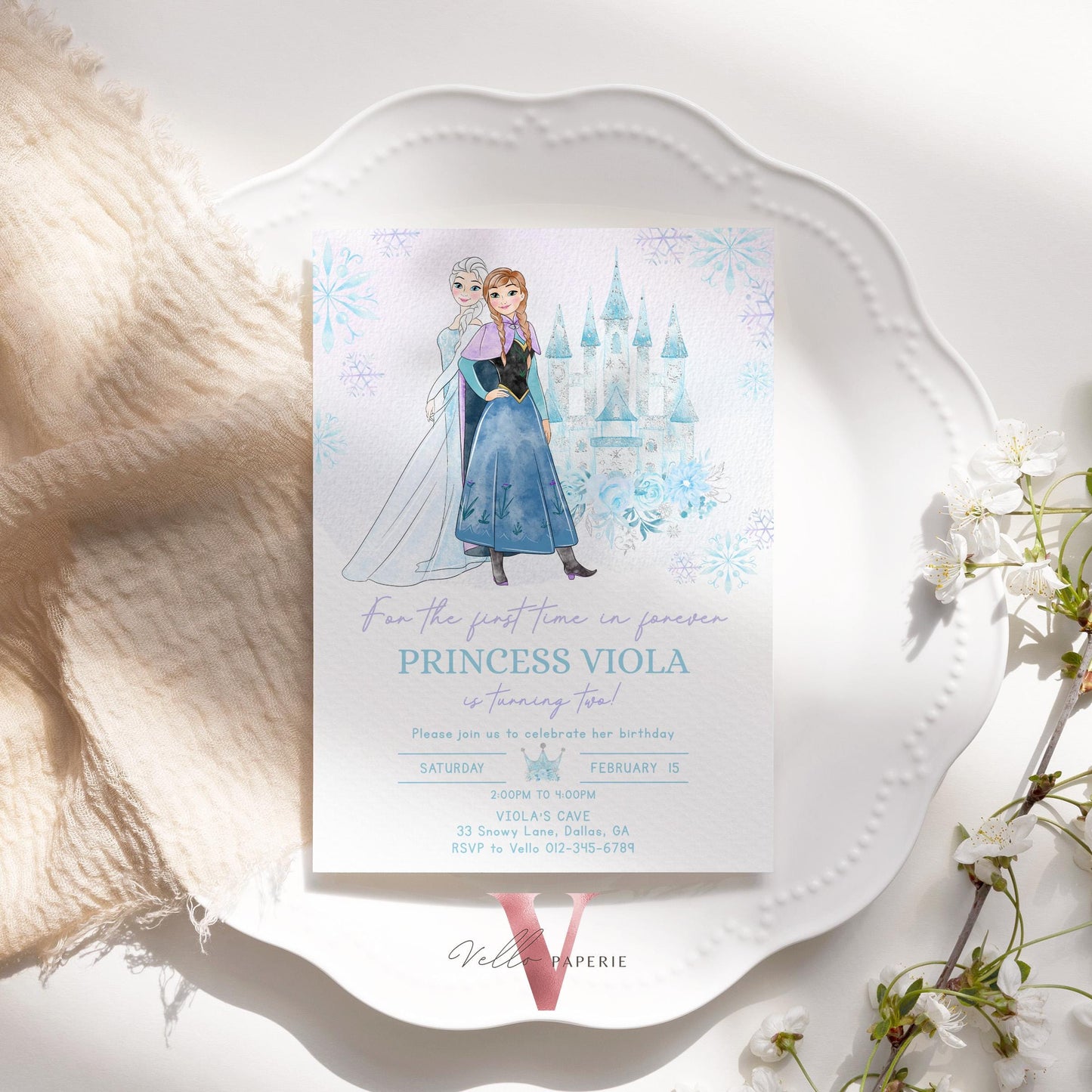 Editable ANY AGE Birthday Frozen Theme Birthday Party Invitation | Watercolor Elsa Anna Princess Birthday Invite | Winter Snow Princess