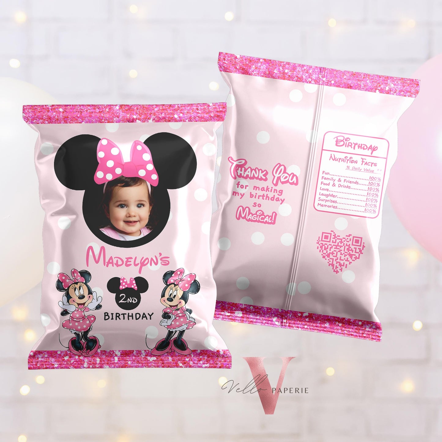 Use Your Photo Any Age Minnie Mouse Photo Birthday Party Favors | Glitter Pink Minnie Party Chips Bag, Water Bottle Label, Caprisun MMB06