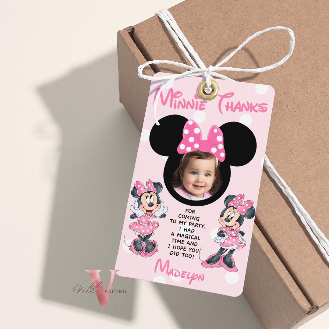Use Your Photo Any Age Minnie Mouse Photo Birthday Party Favors | Glitter Pink Minnie Party Chips Bag, Water Bottle Label, Caprisun MMB06