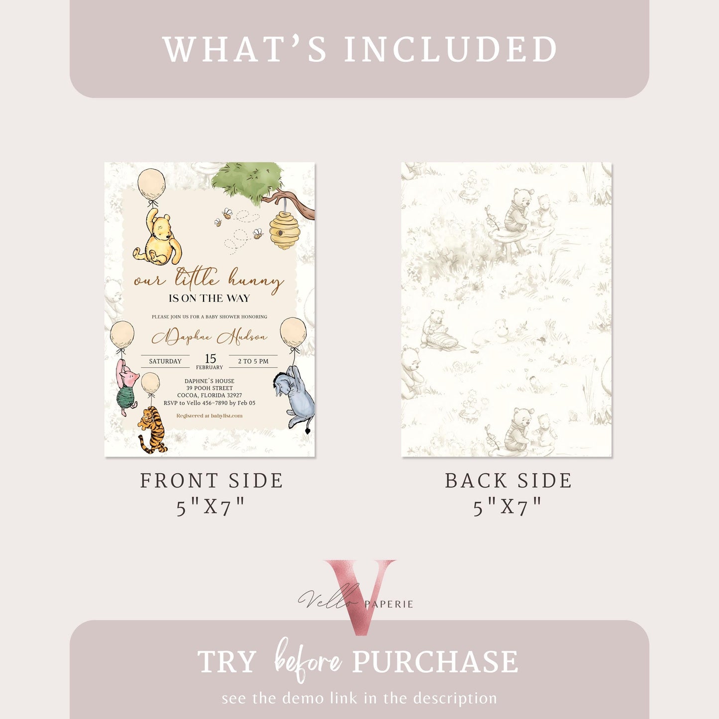 Balloon Winnie the Pooh Baby Shower Invitation | Editable Printable Beige Toile de Juoy, Little Hunny Pooh Baby Shower Party Invite WTP01