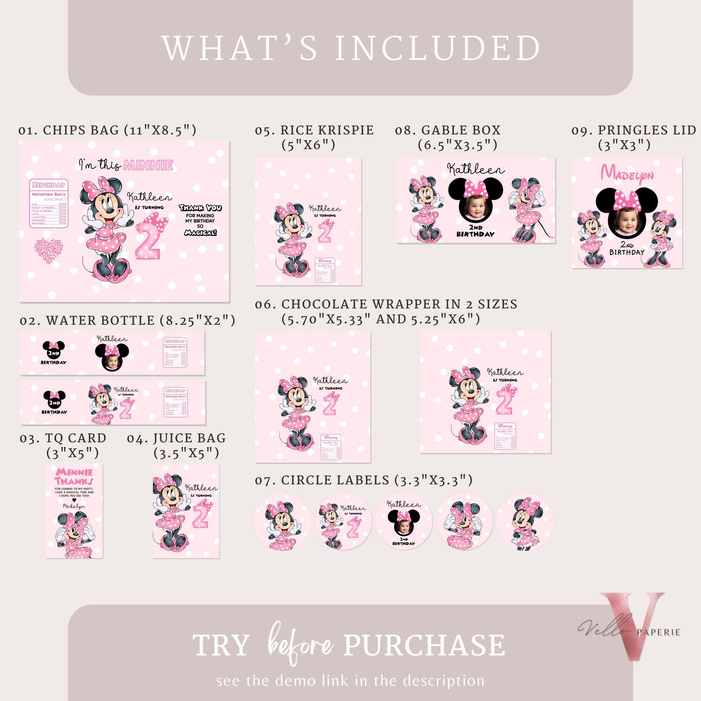 Editable Printable Any Age Minnie Mouse Birthday Party Favors | Glitter Pink Minnie Party Chip Bag, Water Bottle Label, Caprisun MMB05