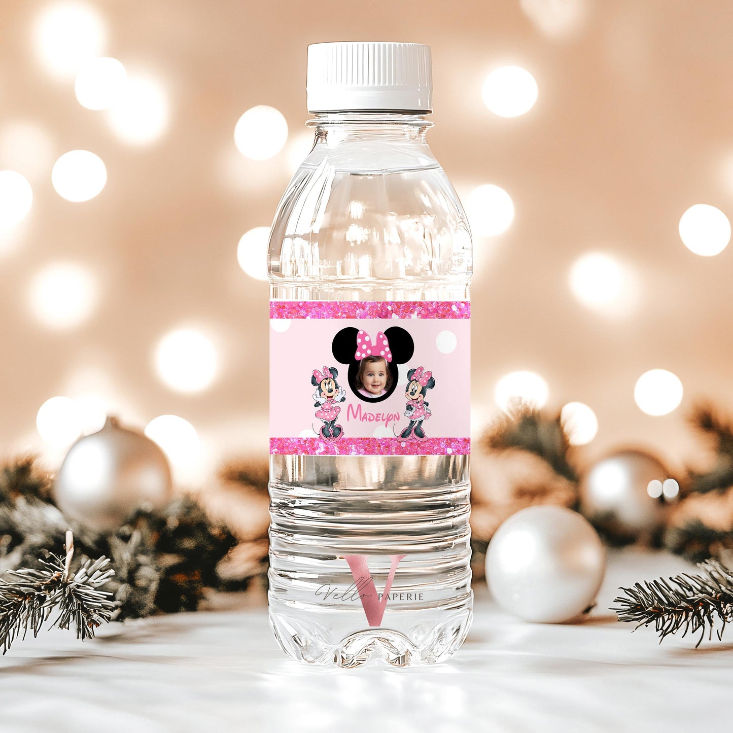 Self Editable Photo Minnie Mouse Birthday Party Favors | Glitter Pink Polkadot Minnie Party Water Bottle Label, Party Decor MMB06