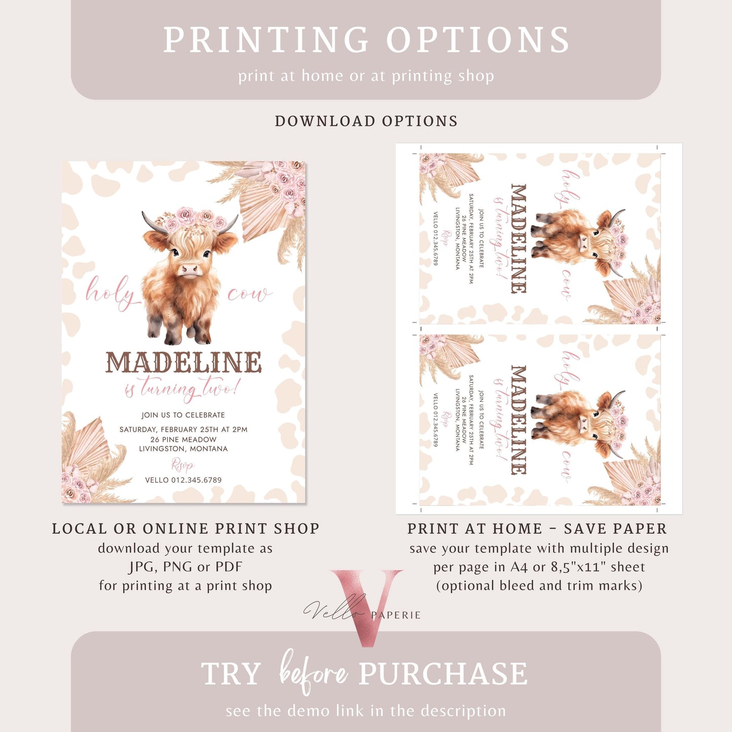 Editable HOLY Cow Birthday Invitation | Beige, Brown, Pink ANY AGE Cow Party Invite | Western Nashville Birthday Pink Pampas Brown