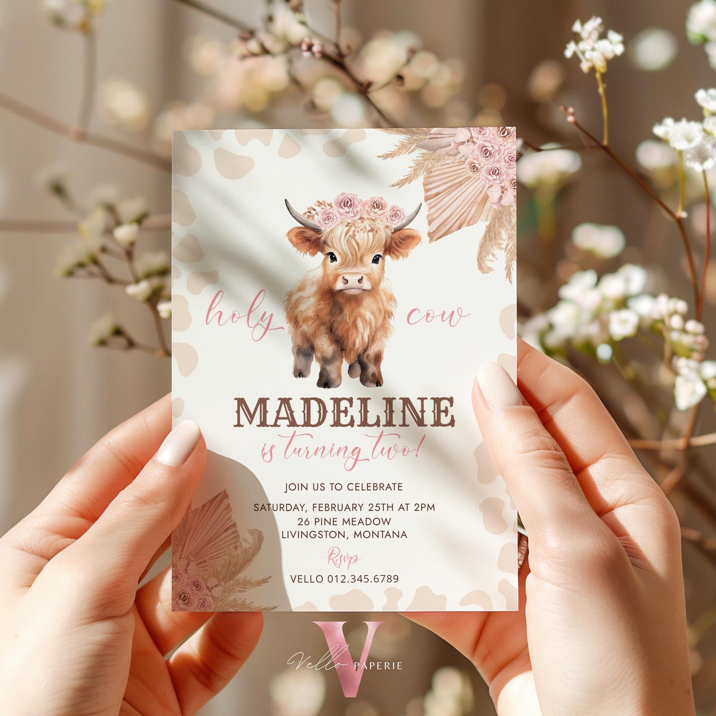 Editable HOLY Cow Birthday Invitation | Beige, Brown, Pink ANY AGE Cow Party Invite | Western Nashville Birthday Pink Pampas Brown
