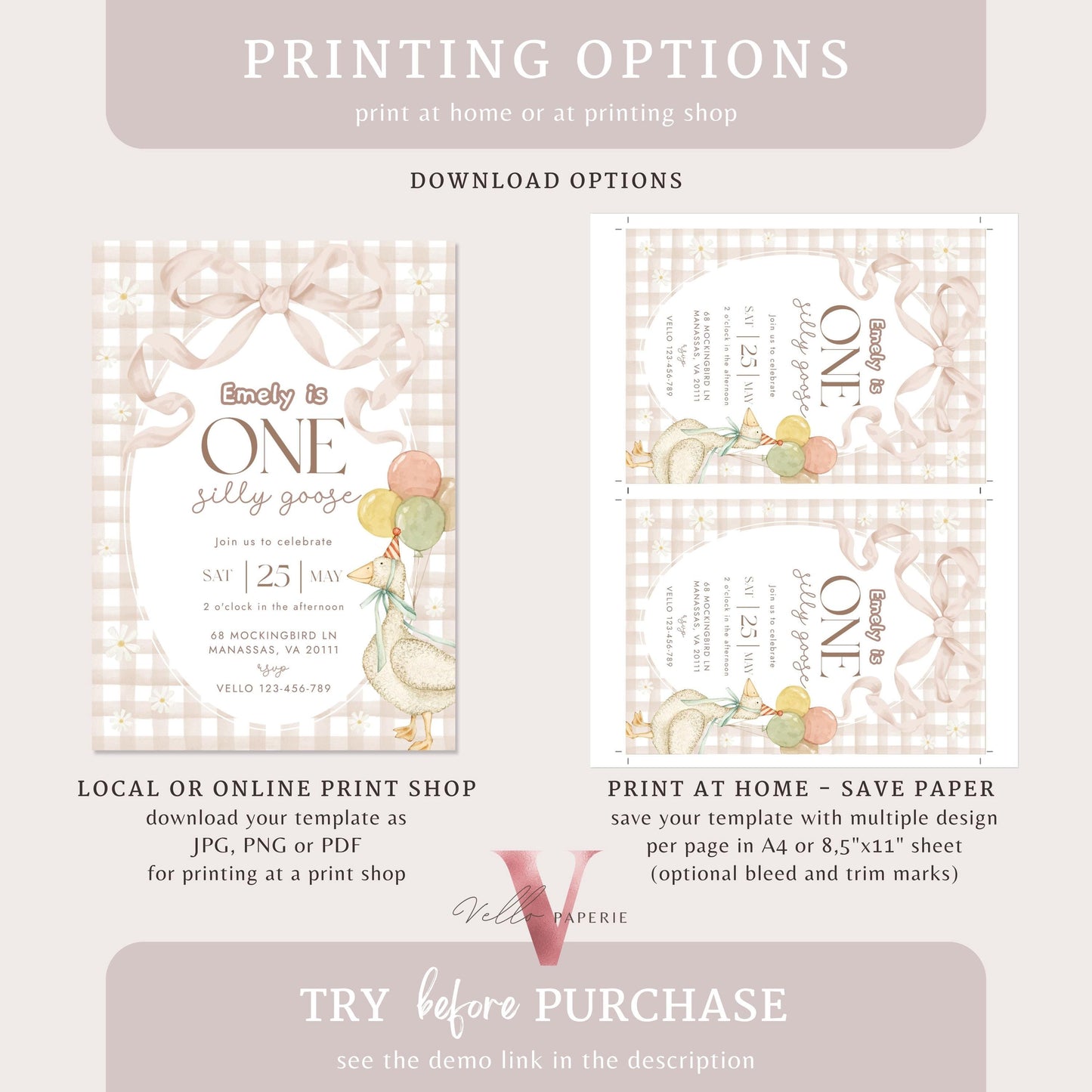 One Silly Goose Birthday Invitation | Editable Light Brown Gingham One Happy Goose First Birthday Party Invite | 1st Birthday Gender Neutral