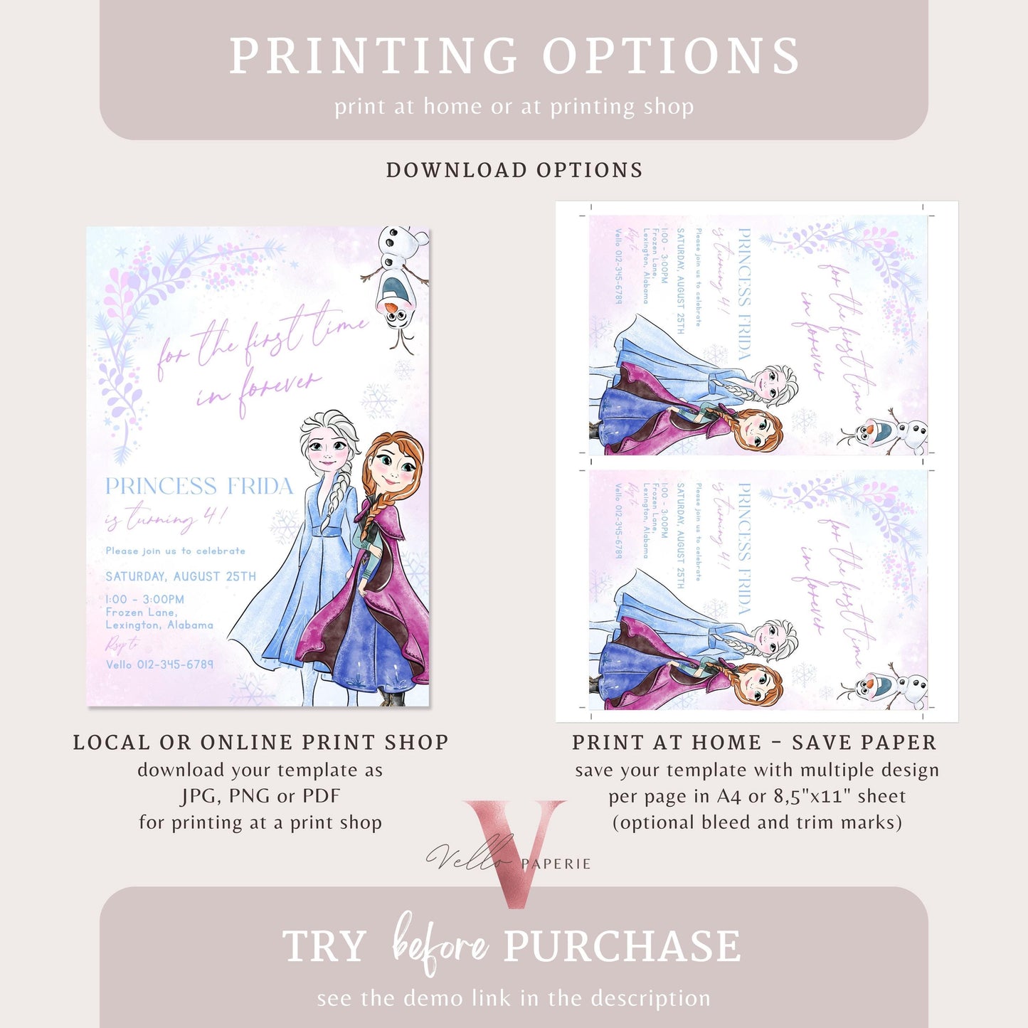 Purple Pink Ice Blue Frozen Birthday Party Invitation | Watercolor Princess Elsa Anna Olaf Birthday Invite | Winter Snow Ice Princess