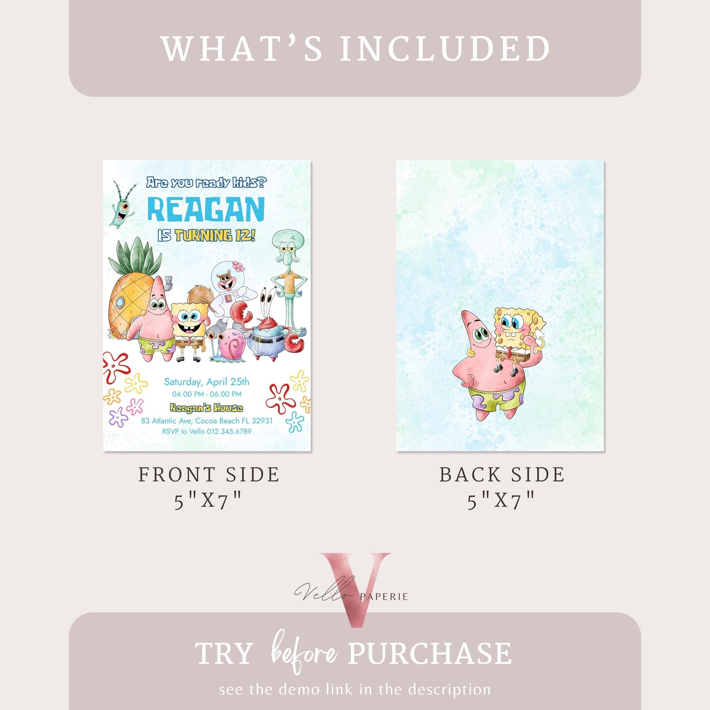 Editable Printable Spongebob Birthday Invitation | Watercolor Spongebob Square Pants Colorful Birthday Party Invite | Any Age Bikini Bottom