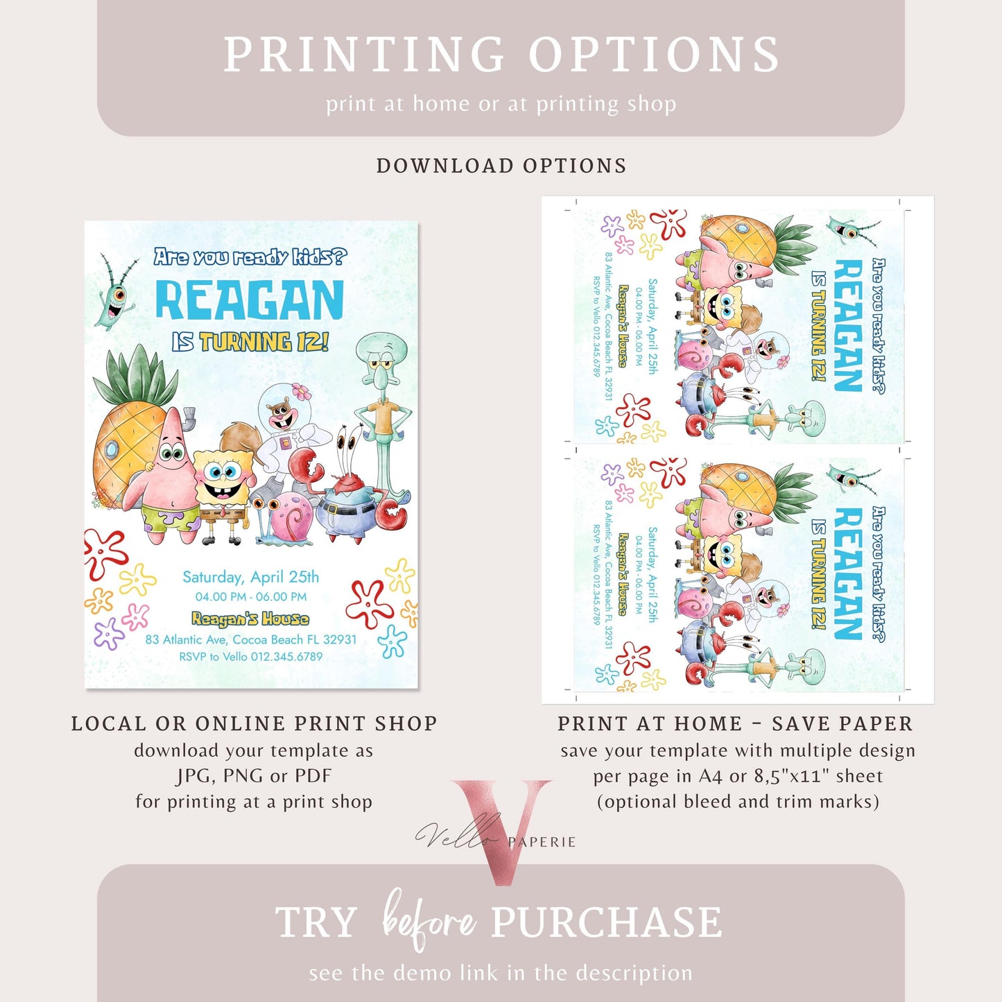 Editable Printable Spongebob Birthday Invitation | Watercolor Spongebob Square Pants Colorful Birthday Party Invite | Any Age Bikini Bottom