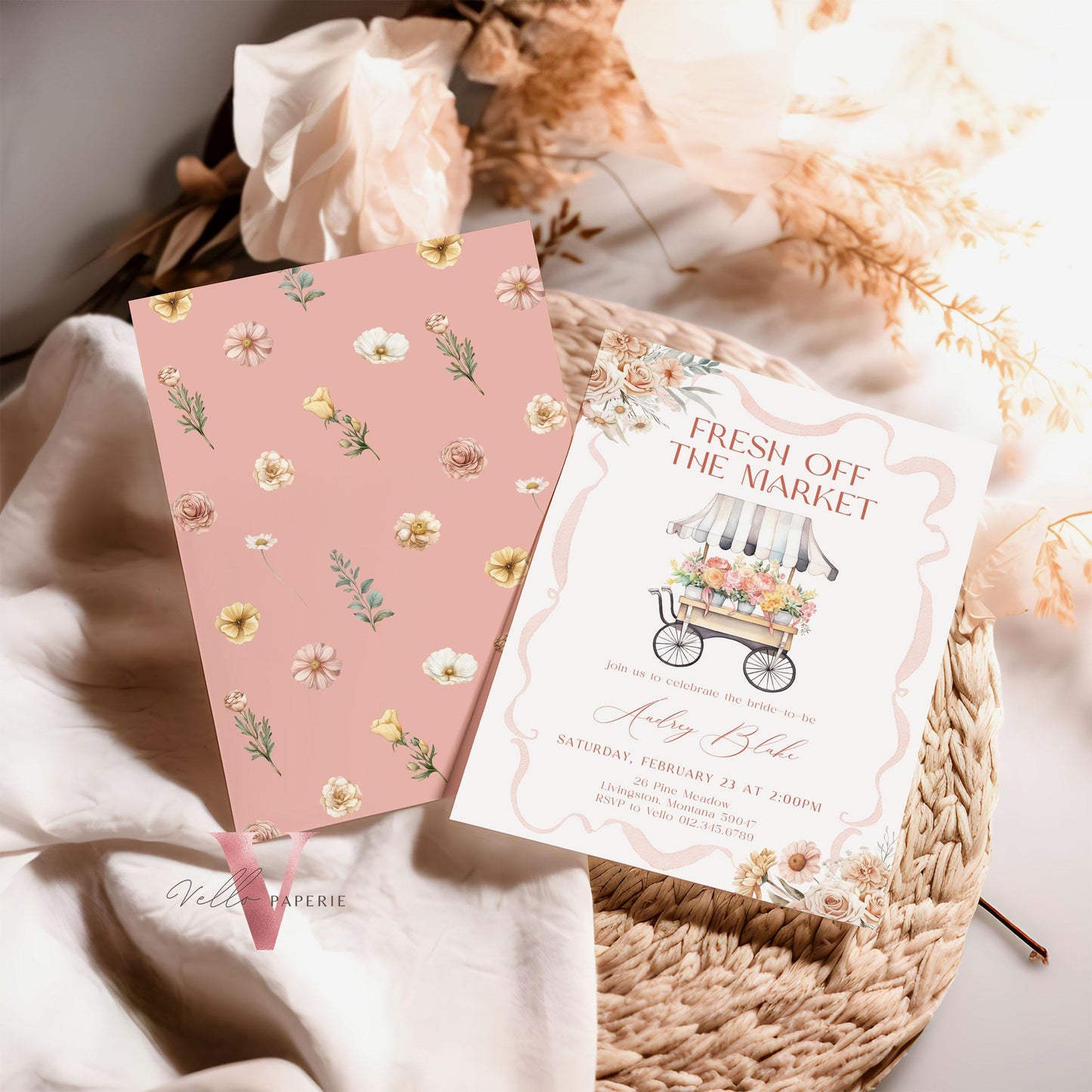 Beige Blush Pink Off the Market Bridal Shower Party Invitation | She's off the Market Invite | Bow Flower Florist Cart Watercolor Instant