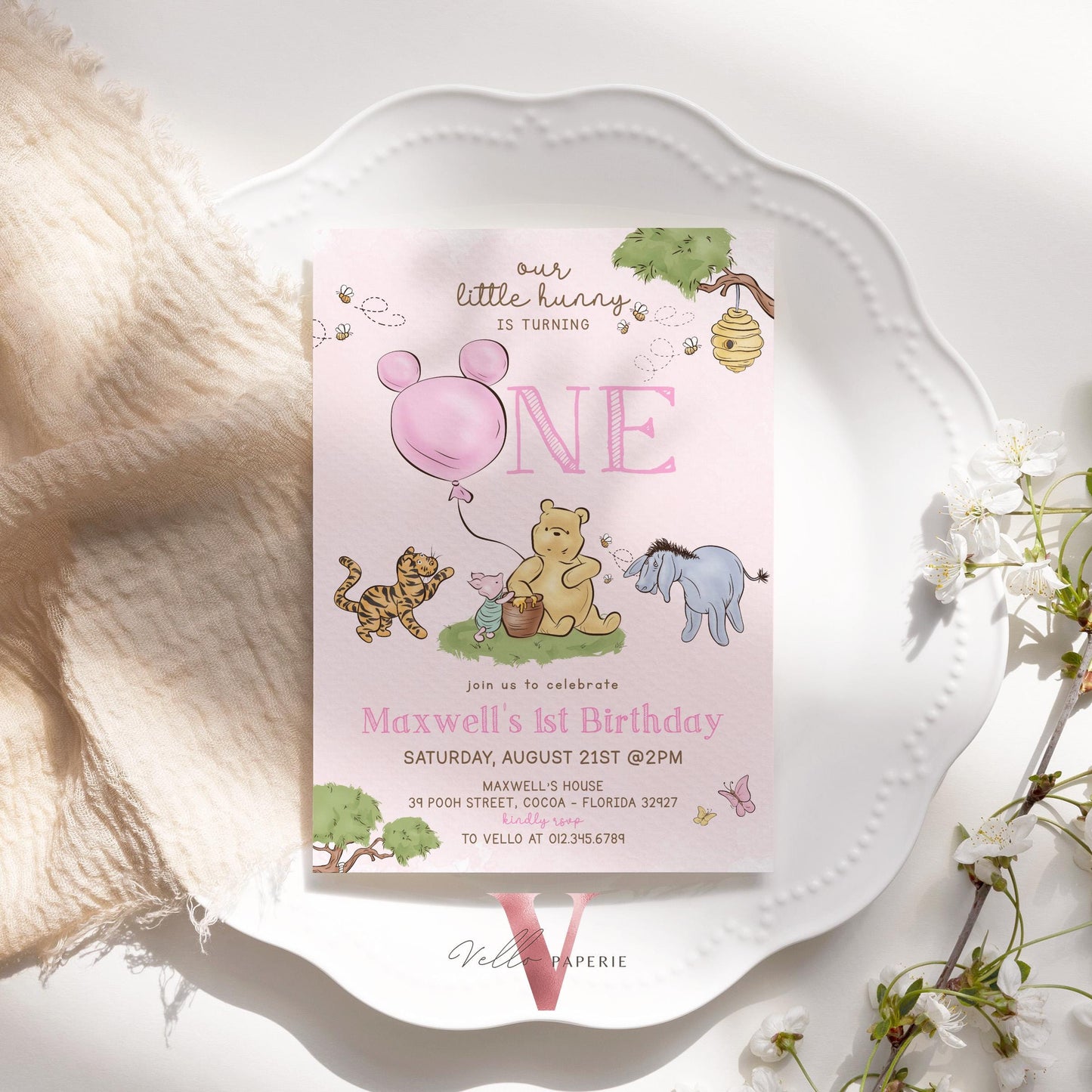 Classic Winnie the Pooh First Birthday Invitation | Editable Winnie The Pooh 1st Birthday Party Invite | Pink Balloon Pooh and Friends