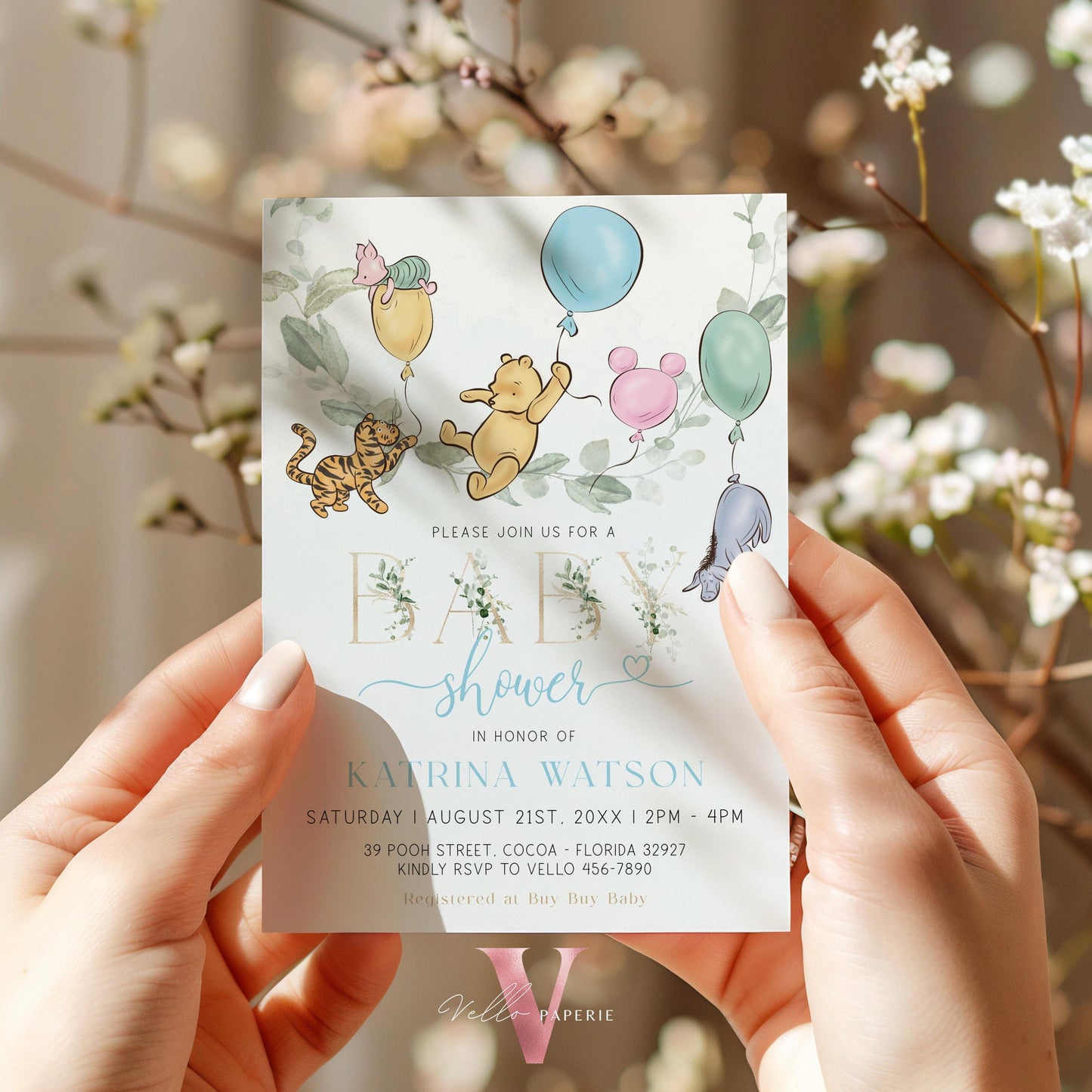 Soft Blue Winnie the Pooh Colorful Balloon Baby Shower Invitation | Editable Printable Blue Greenery, Bearly Wait Baby Shower Party Invite