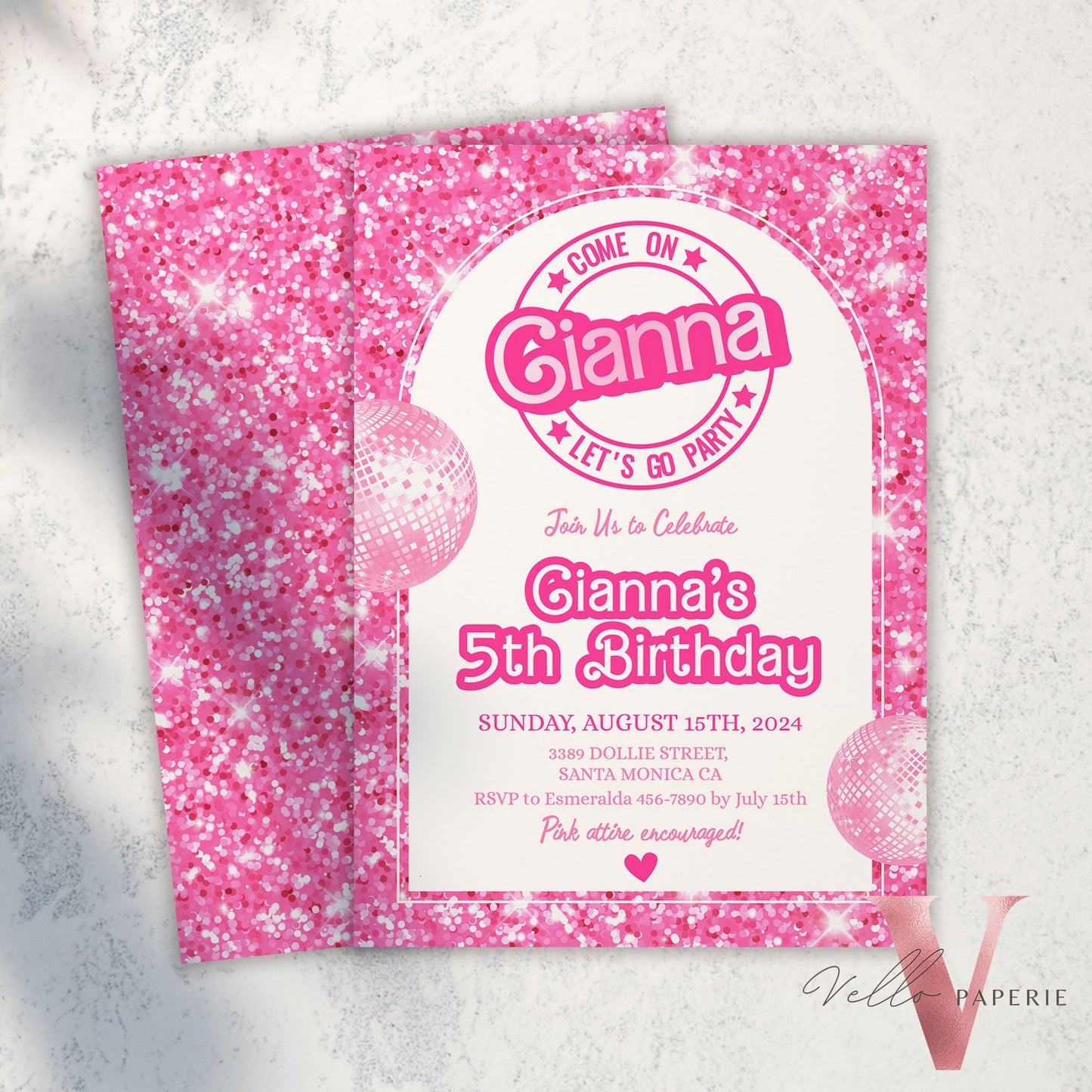 editable pink sparkle fashion doll birthday invitation, pink doll come on let's go party invite instant digital download