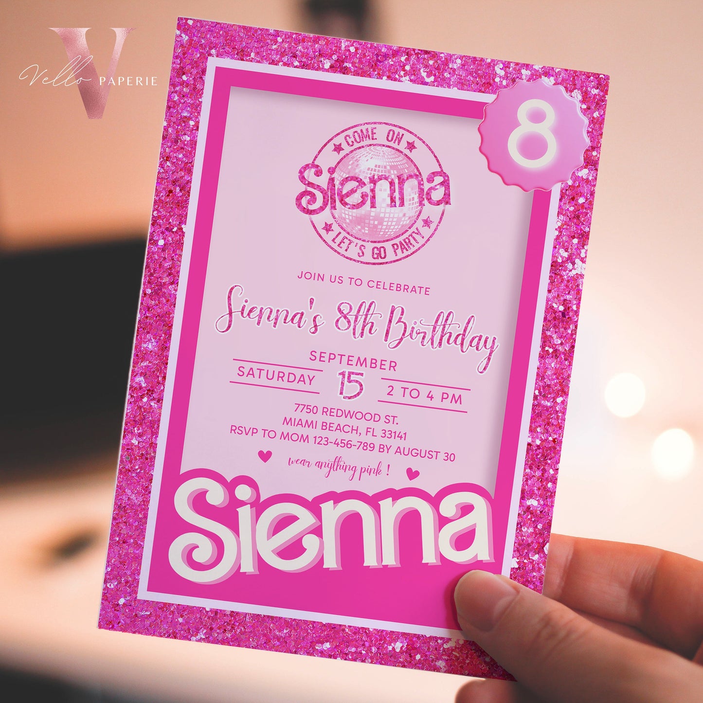 editable printable pink sparkle fashion doll box birthday invitation, pink doll glitter ,party come on lets go party invite instant download