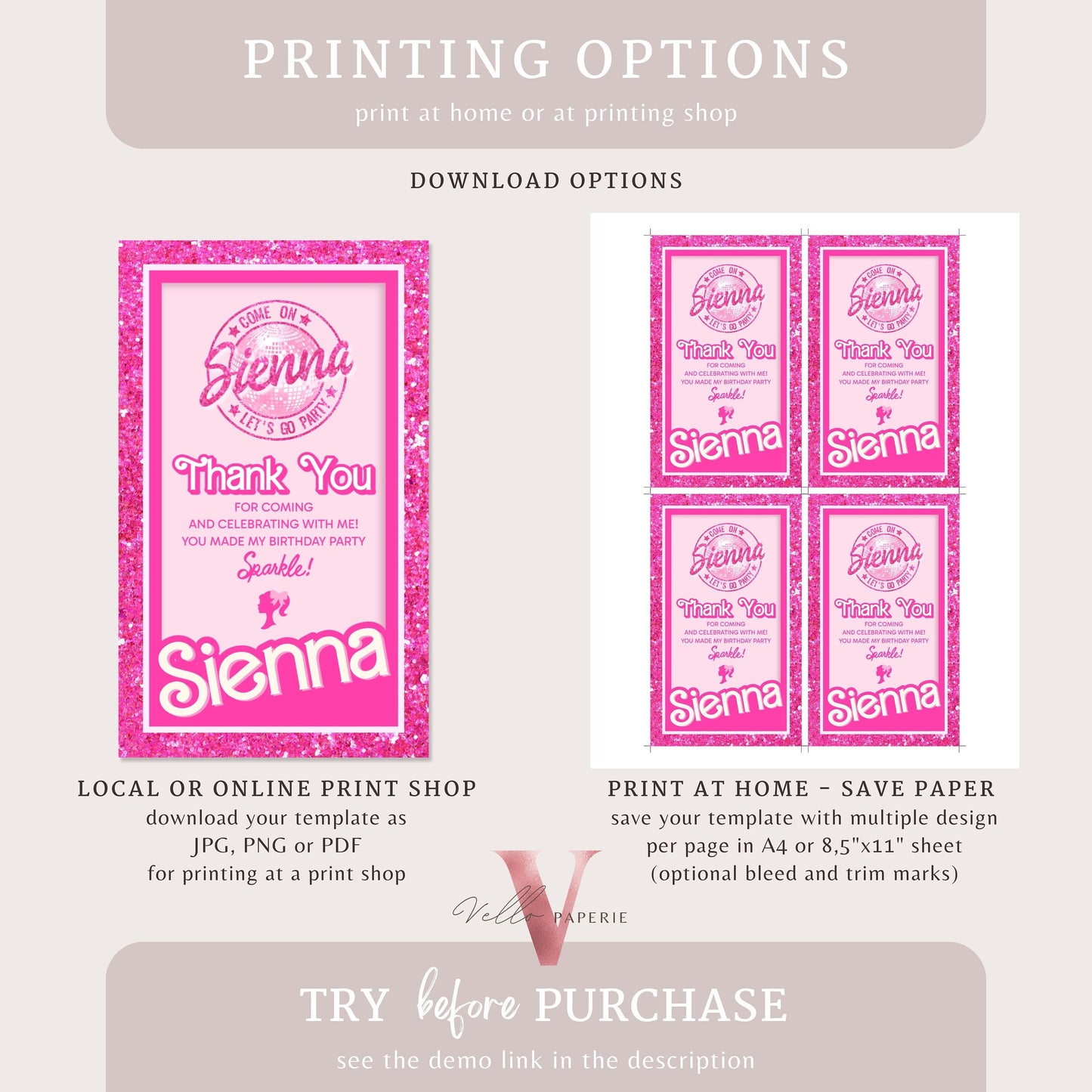 editable pink sparkle fashion doll box birthday thankyou card, pink doll come on let's go disco party favor tag, gift tag instant download