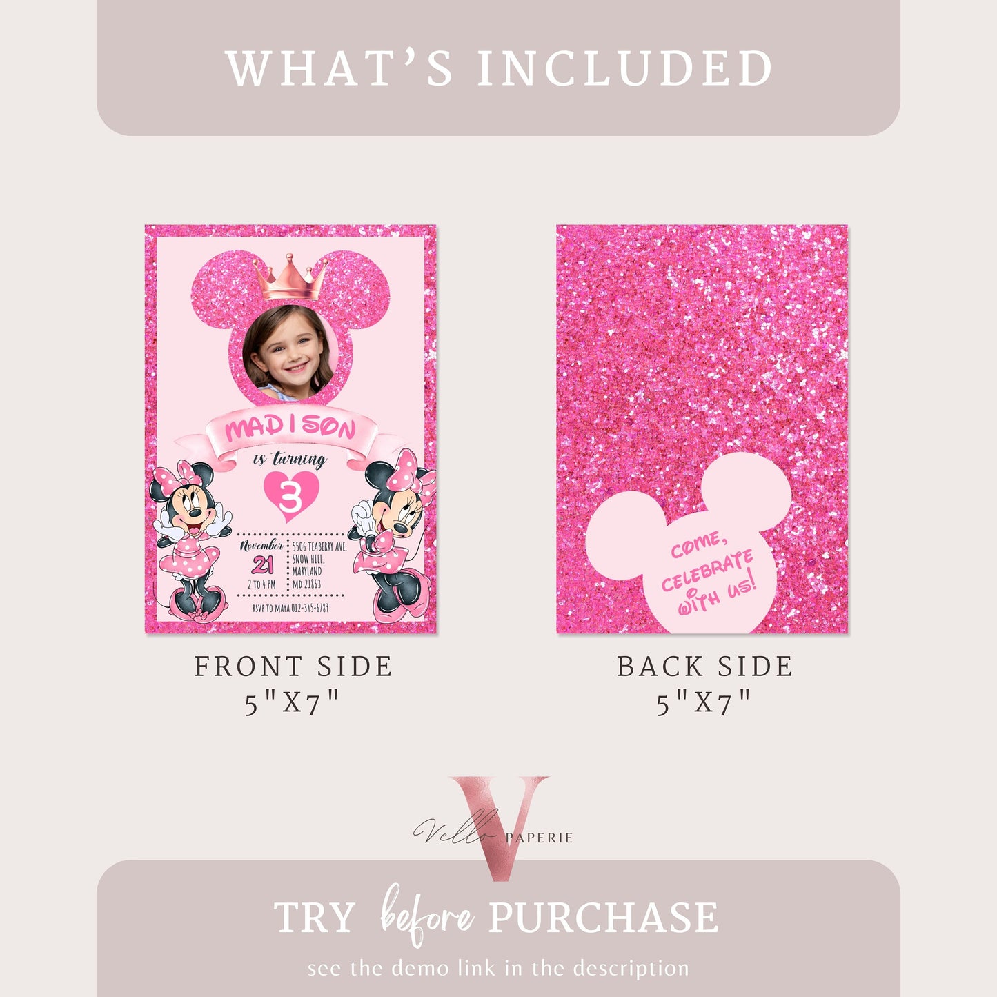 Photo Pink Minnie Birthday Invitation | Editable Printable Glitter Minnie Birthday Girl Party Invite with Photo Instant Template MMB03