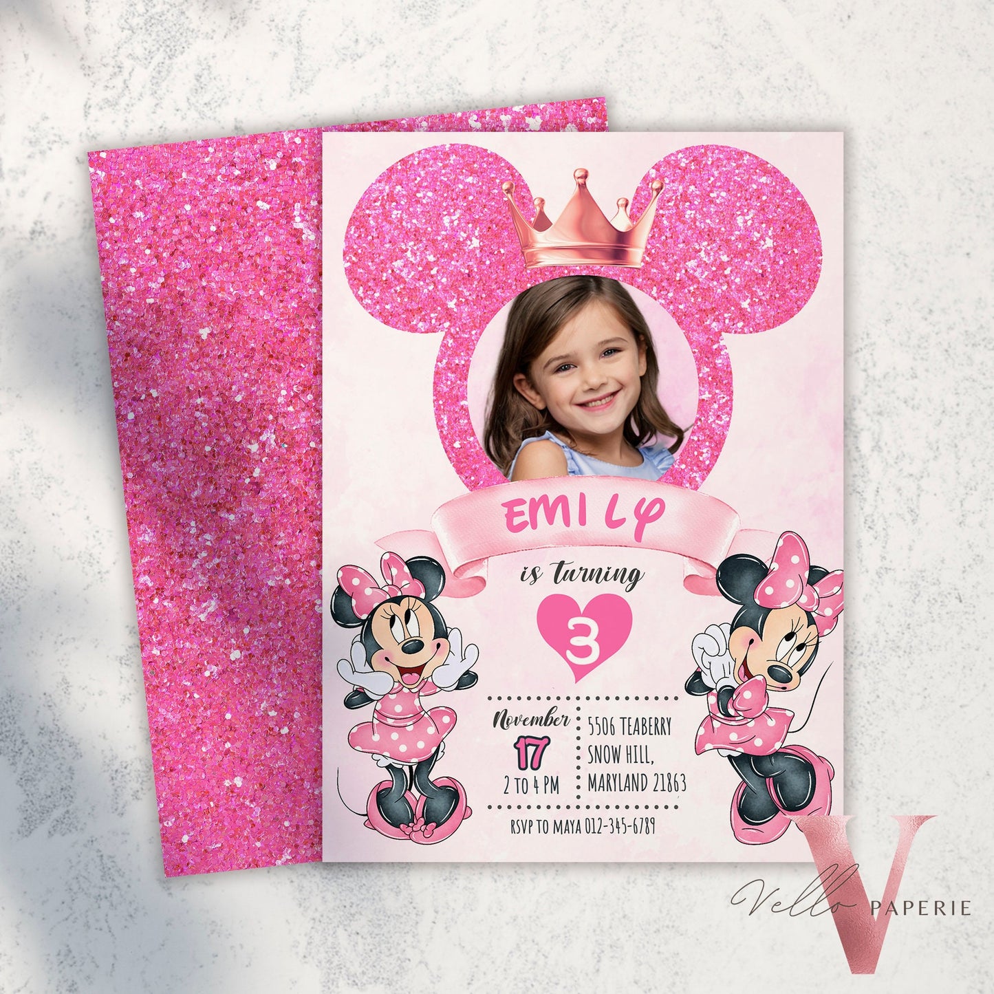 Photo Pink Minnie Birthday Invitation | Editable Printable Glitter Minnie Birthday Girl Party Invite with Photo Instant Template  MMB03