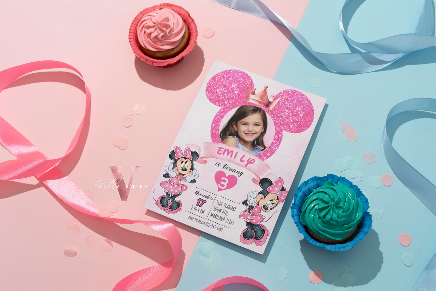 Photo Pink Minnie Birthday Invitation | Editable Printable Glitter Minnie Birthday Girl Party Invite with Photo Instant Template  MMB03